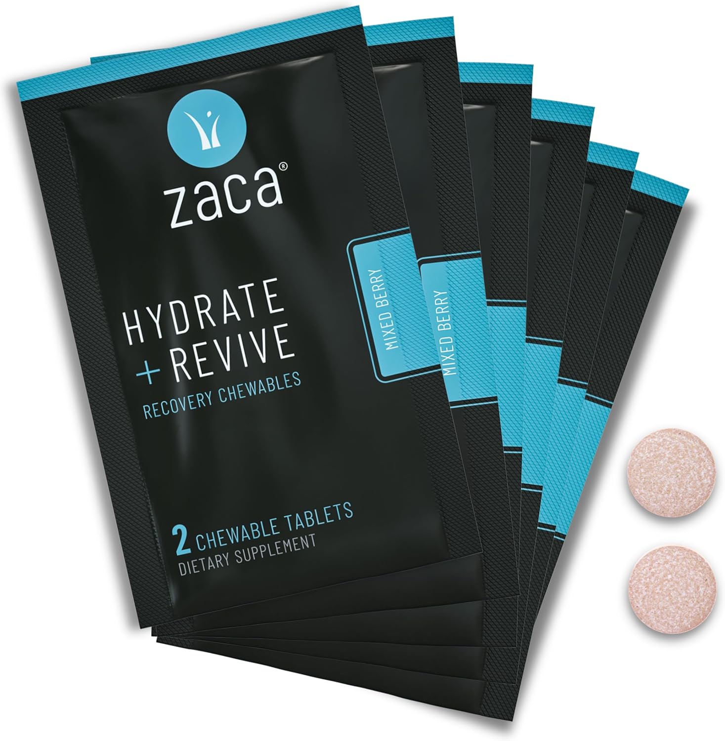 Zaca Recovery Chewable Supplement | Hydrate + Revive | 6 Packs = 12 Tablets | Party, Travel, Exercise & Altitude | Sugar Free, Gluten Free, Artificial Ingredients Free