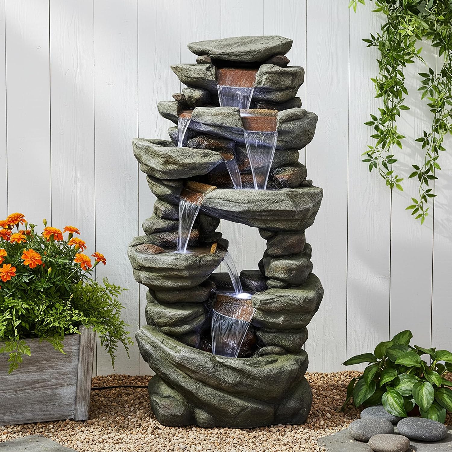 SunJet 40.5” High Rocks Outdoor Water Fountain - 6-Tiers Cascading Waterfall with LED Lights, Soothing Tranquility for Home Garden, Yard Decor