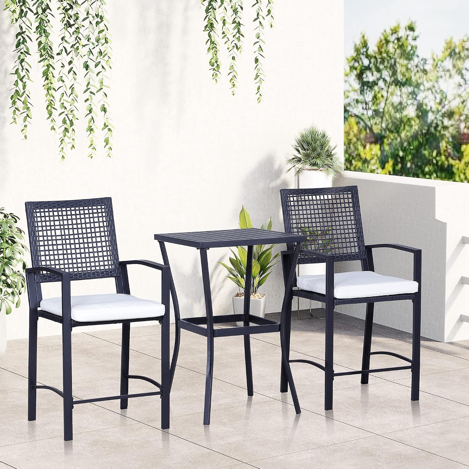 Outsunny 3pcs Patio Bar Set with Soft Cushion, Rattan Wicker for Poolside | Outdoor Furniture Set, for Backyards, Lawn, Deck