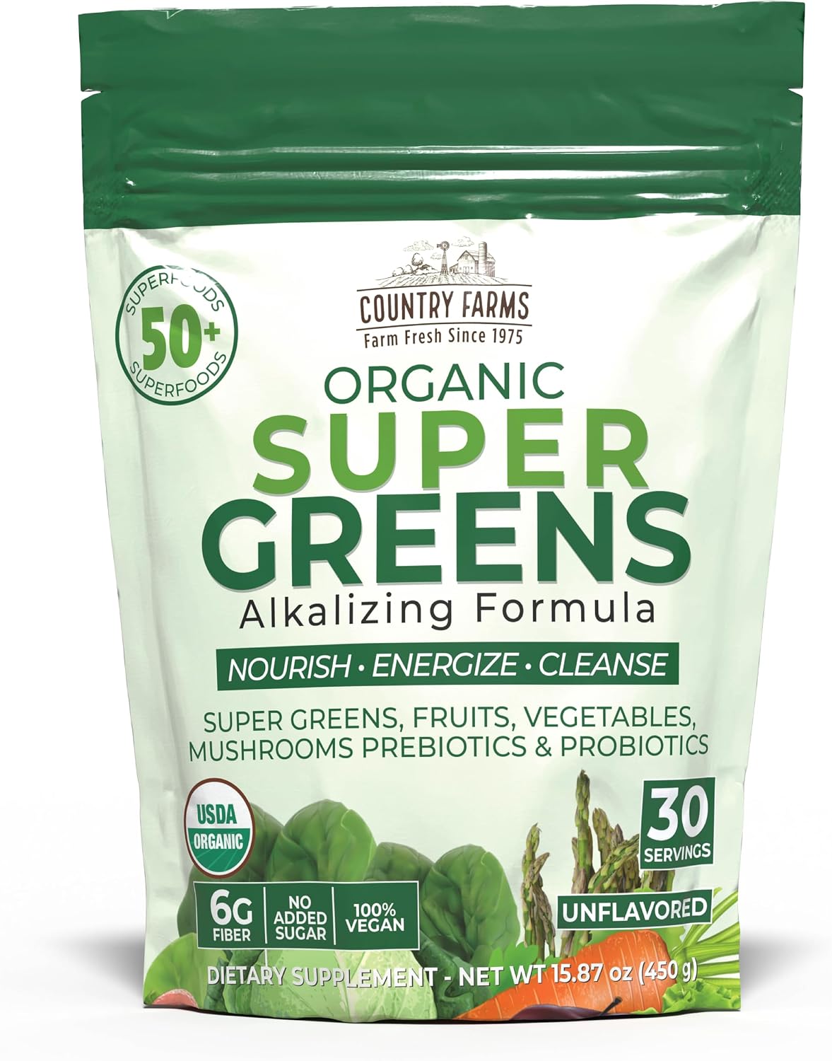 Country Farms Organic Super Greens Powder, Daily Greens Drink Mix with 50 Organic Superfoods, Fruits, Vegetables, Fiber, Mushrooms & Probiotics for Gut Health, Digestion & Energy, Berry Flavor