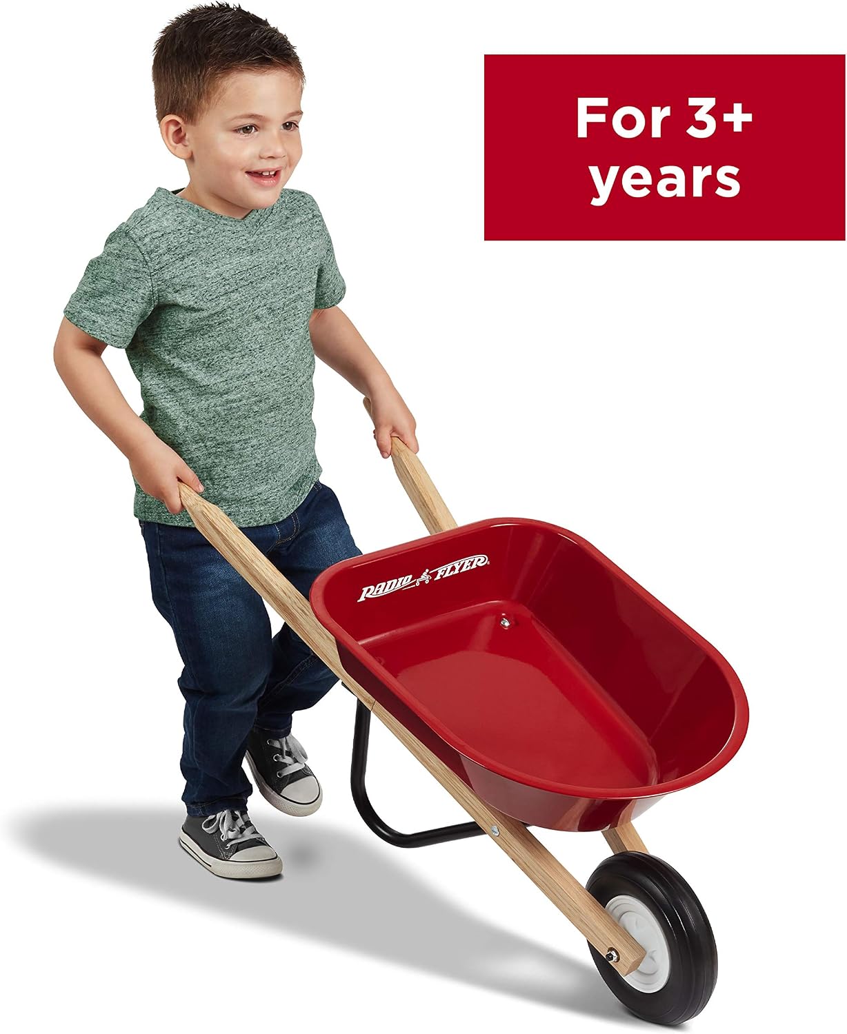 Radio Flyer Classic Kids Wheelbarrow, For Kids 3+, Seamless Steel Tray with No-Scratch Edges, Real Wooden Handles, Durable Front Wheel