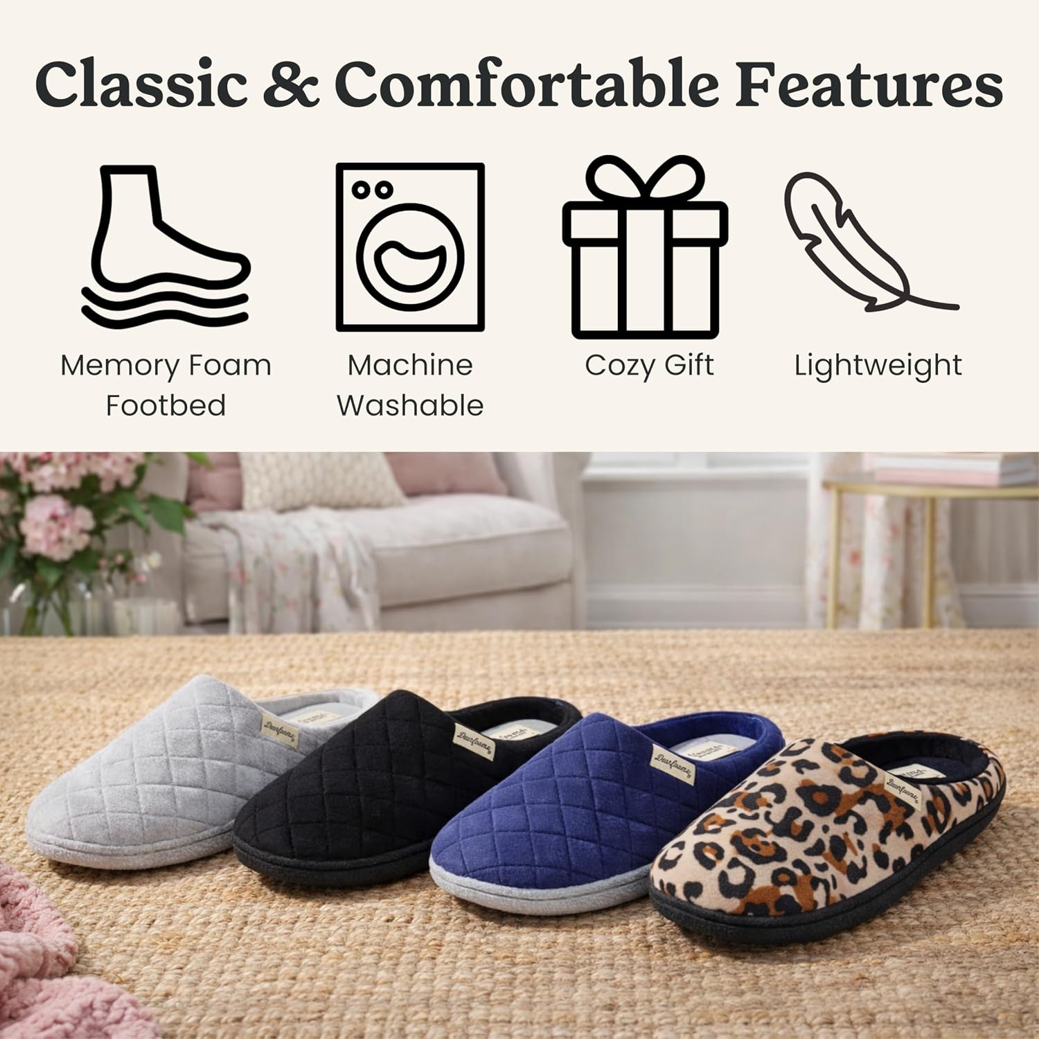 Leslie Terry Clog House Shoes with Memory Foam, Indoor Slippers with Wide Widths