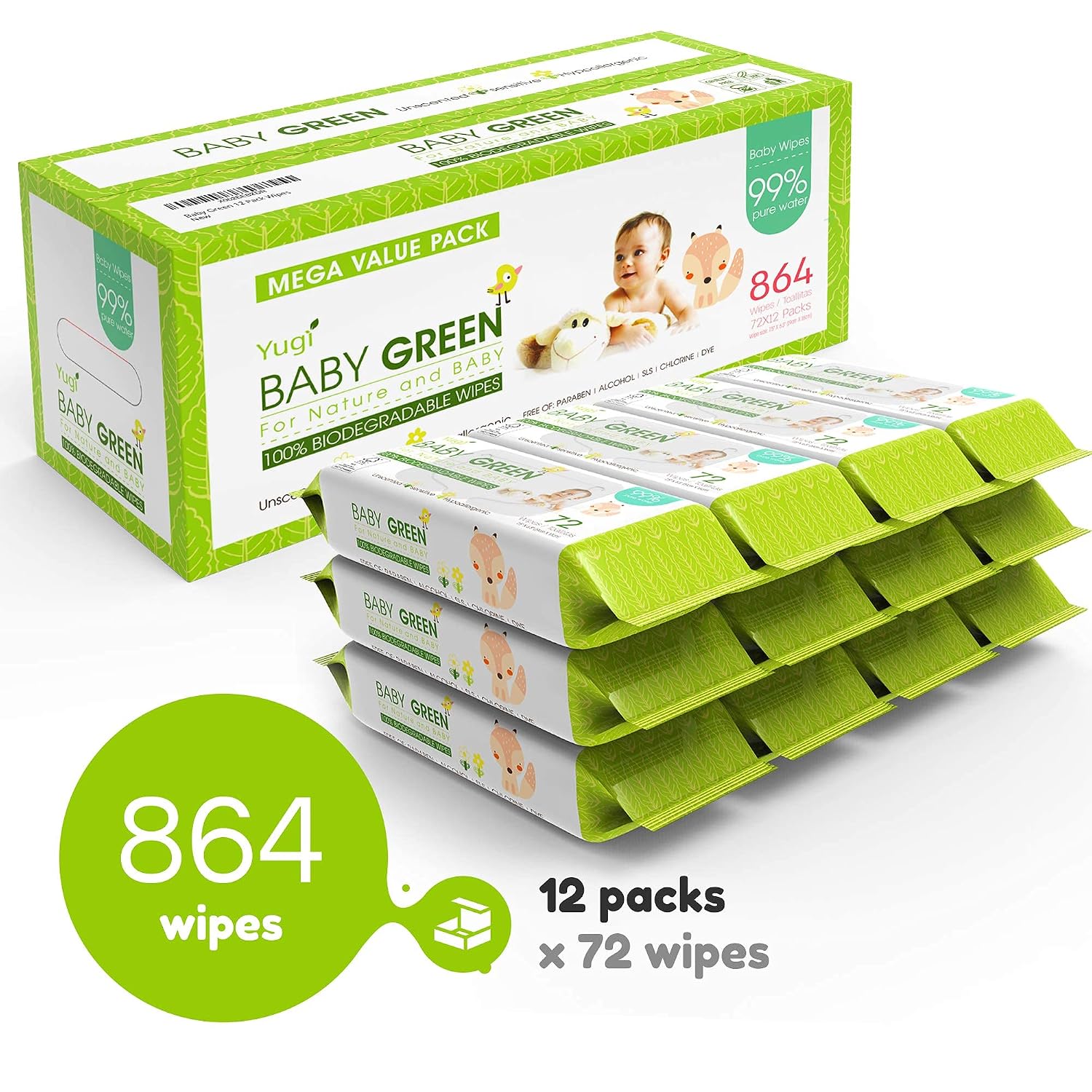 Yugi Green Baby Wipes for Babies Unscented, Made with Renewable Plant Fibers, Plant-Based, Fragrance-Free, for Sensitive Skin, 12 Packs, 72 Count