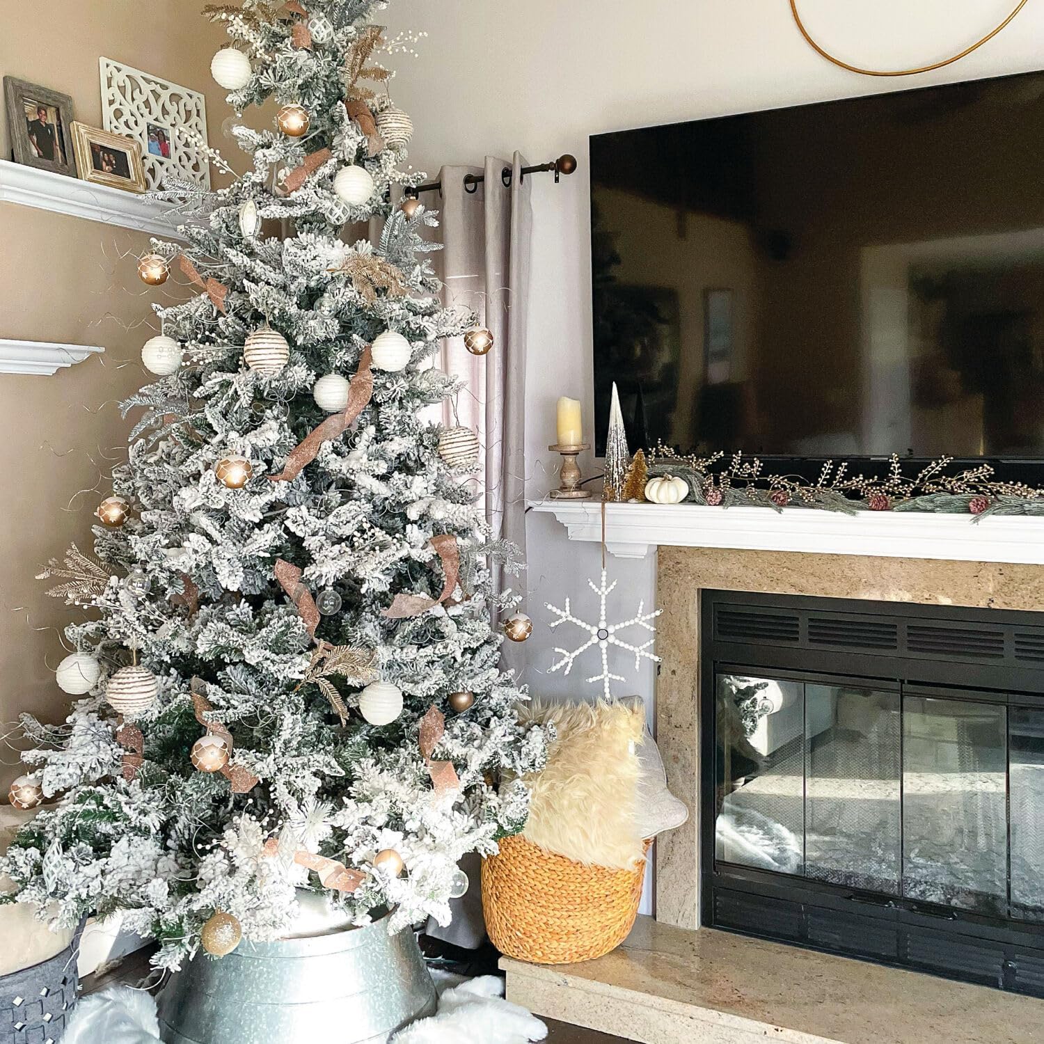 Fraser Hill Farm 7.5-Ft. Mountain Pine Flocked Artificial Christmas Tree with Stand, Unlit Foldable Fake Tree with Realistic Snowy Foliage for Home Decoration