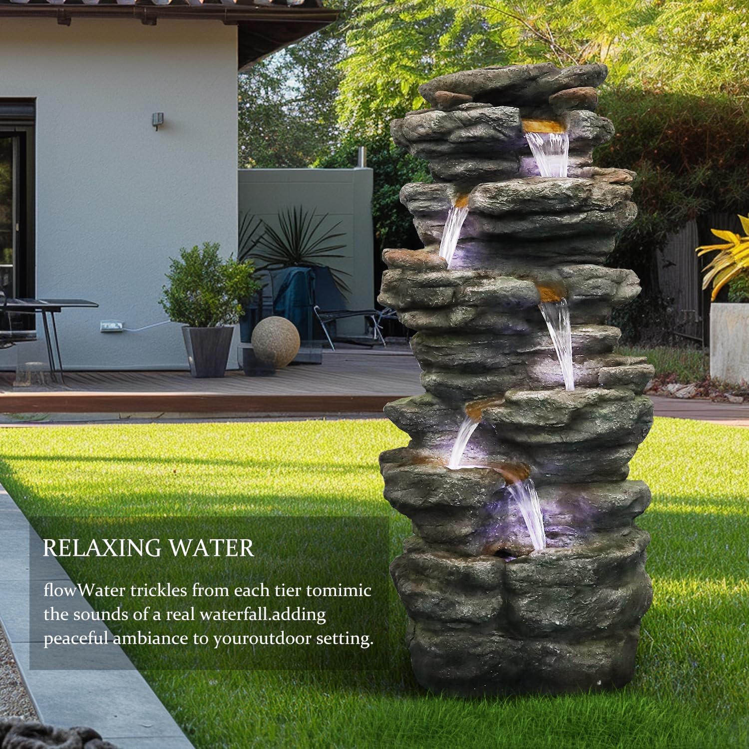 SunJet 40.5” High Rocks Outdoor Water Fountain - 6-Tiers Cascading Waterfall with LED Lights, Soothing Tranquility for Home Garden, Yard Decor