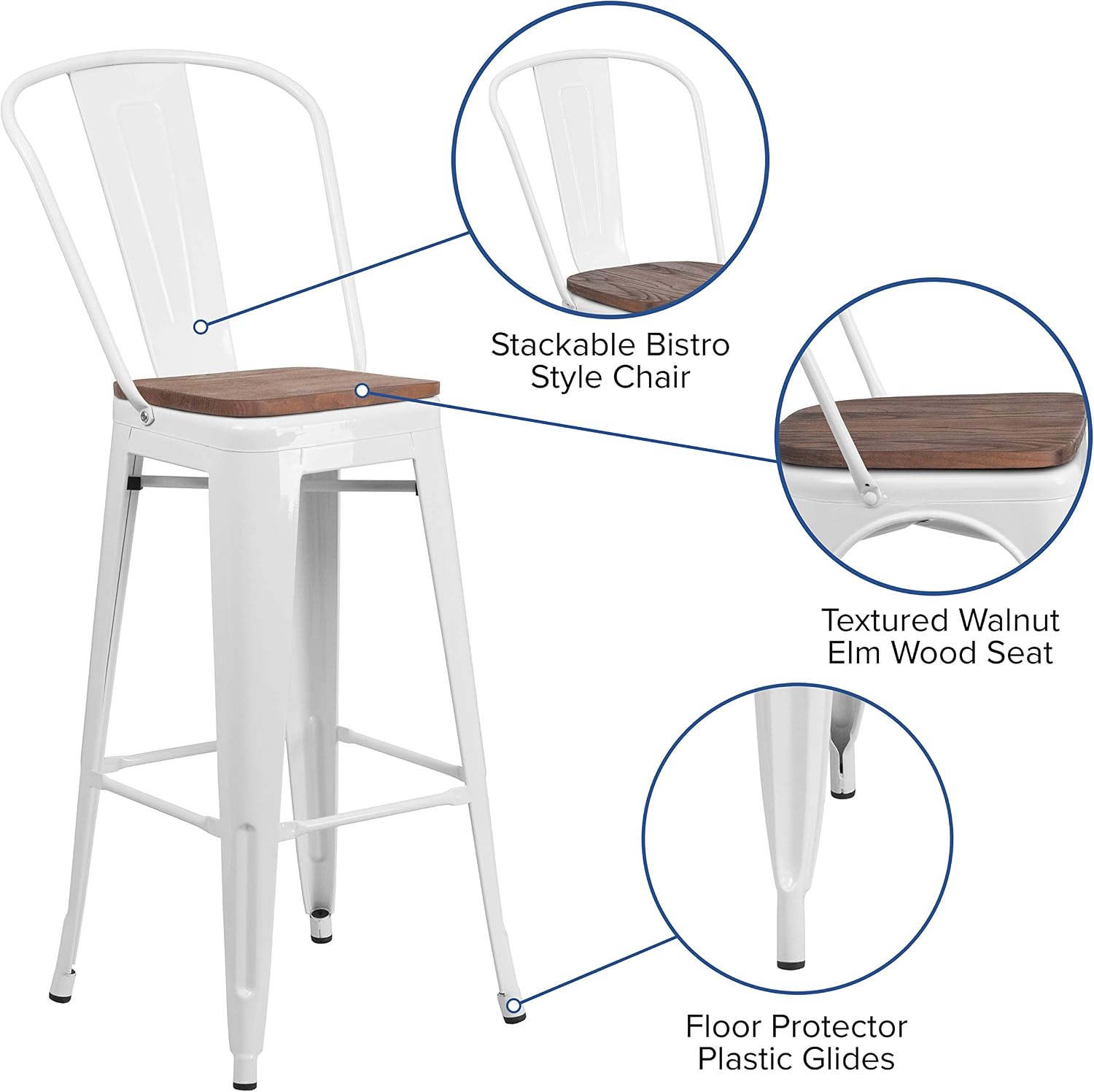 Flash Furniture 30 in Metal Barstool with Back, Blue | Commercial Grade, Removable Back, Indoor/Outdoor Use