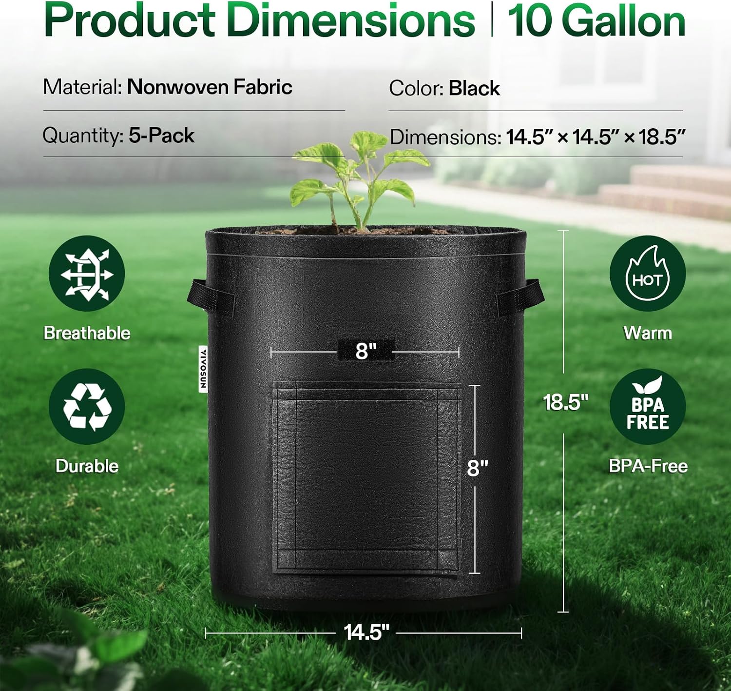 VIVOSUN 5-Pack 7 Gallon Potato Grow Bags, Roll-up Harvest Window