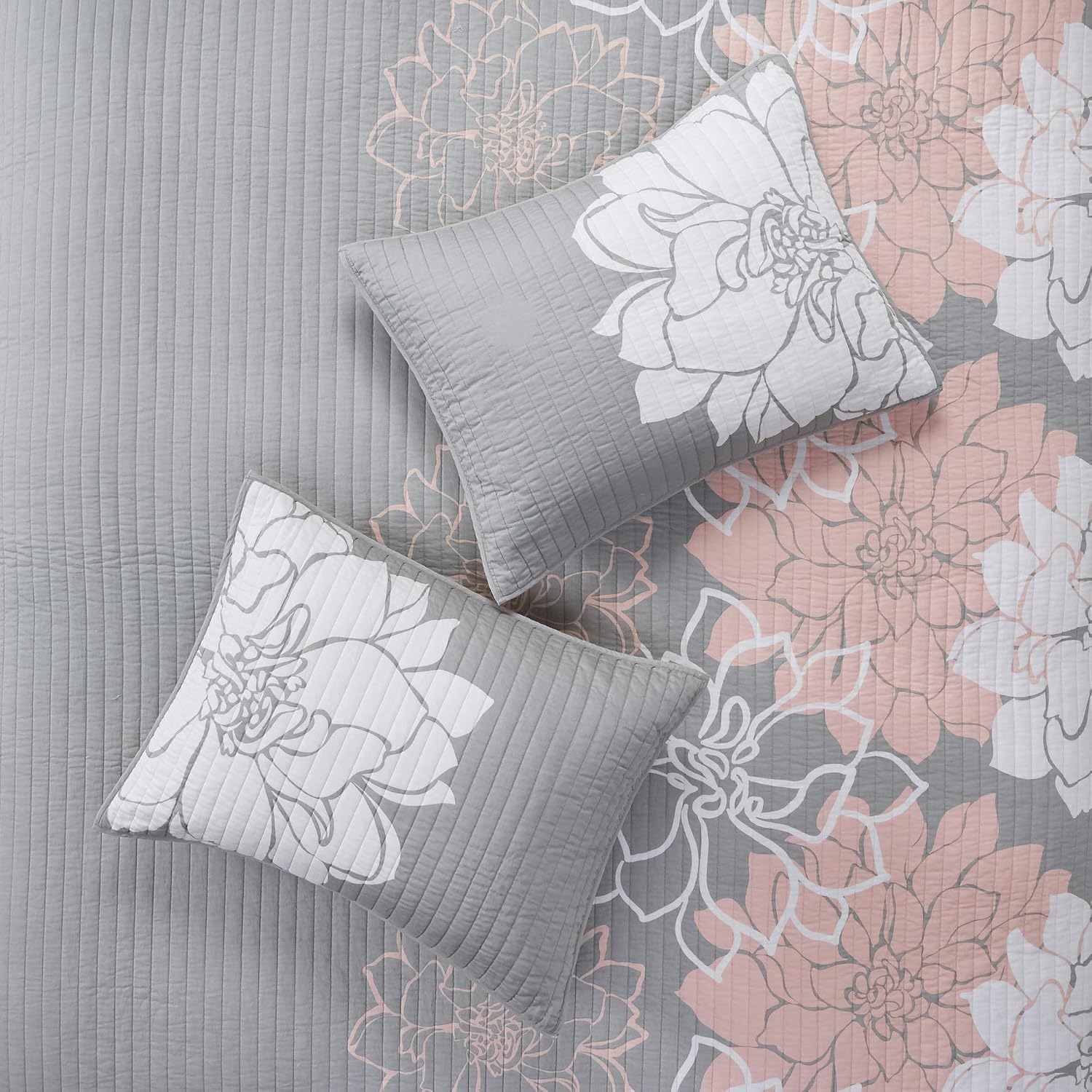 Madison Park Cotton Casual Floral Quilt Set, 6PC Full/Queen Coverlet | Channel Stitching Design, All Season, Lightweight Coverlet Bedspread Bedding, Shams, Decorative Pillows, Taupe Grey/Purple