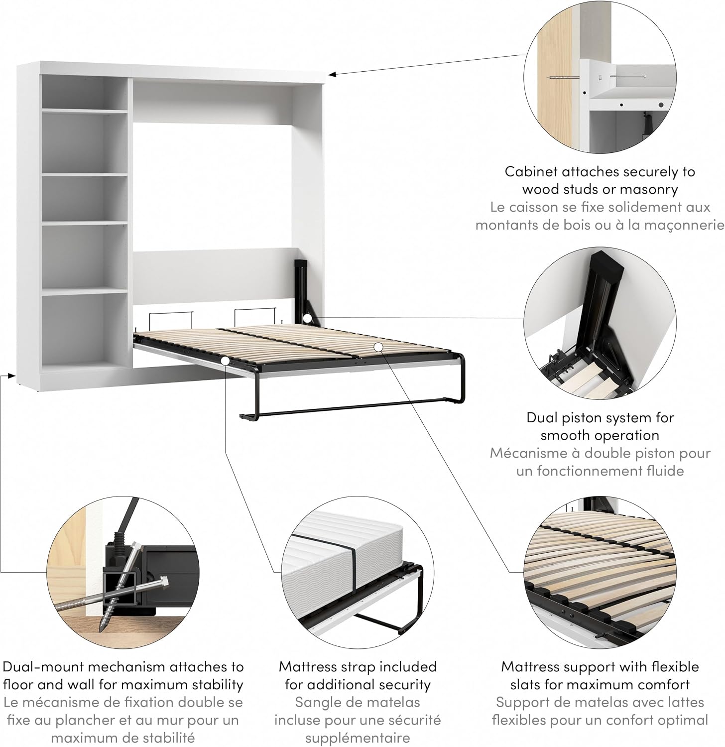 Bestar Pur Queen Murphy Bed, 65-inch Space-Saving Sleeping Arrangement for Multipurpose Area, Bedroom, Guest Room, or Living Room | Dual piston mechanism; for guest room or multipurpose space; Shaker-inspired trim with metal handles