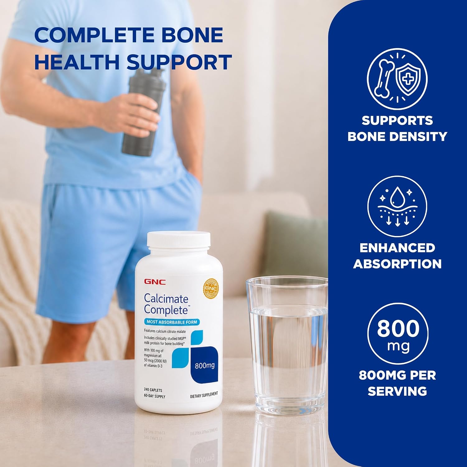 GNC Calcium Complete 800mg, Supports Bone Density, 240 Caplets, 60 Servings