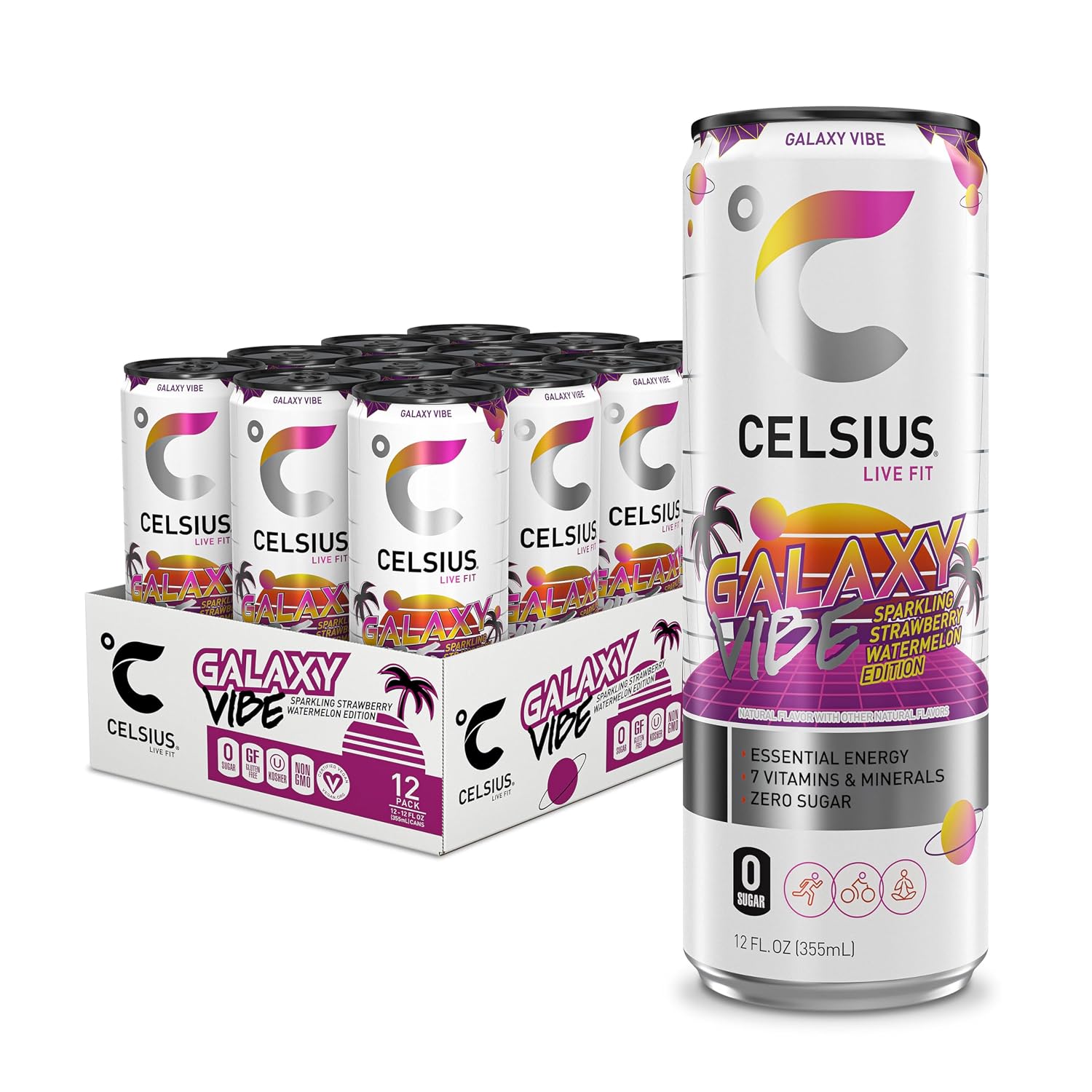 CELSIUS PEACH VIBE Sparkling White Peach, Sugar Free Energy Drink, 12 Fl Oz (Pack of 12)