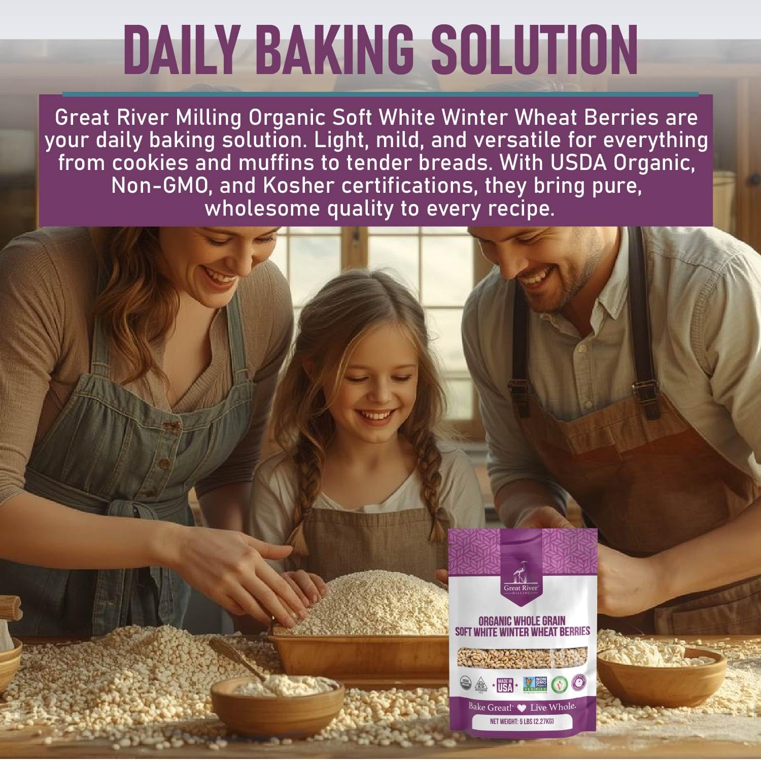 Great River Milling Organic Soft White Wheat Berries, Non-GMO, 25 lb | Organic Soft White Wheat Berries for home-milled flour for cakes, muffins, biscuits, pancakes, cookies and pie crust; mild