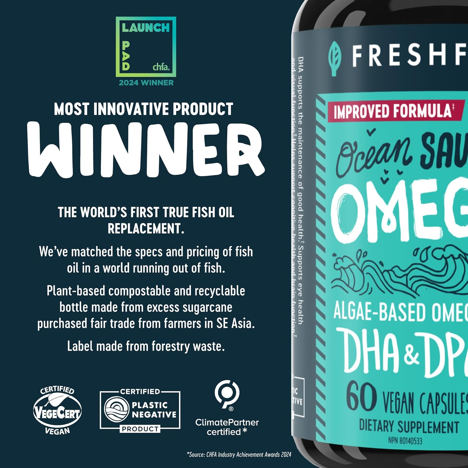 Freshfield Vegan Omega 3, Algae (Algal) Oil, Fish Oil Free Company, Third Party Tested, Carrageenan Free, DHA Supplement w/DPA, Plant Based Omega. Supports Heart, Brain, Joint Health. Lemon Scent