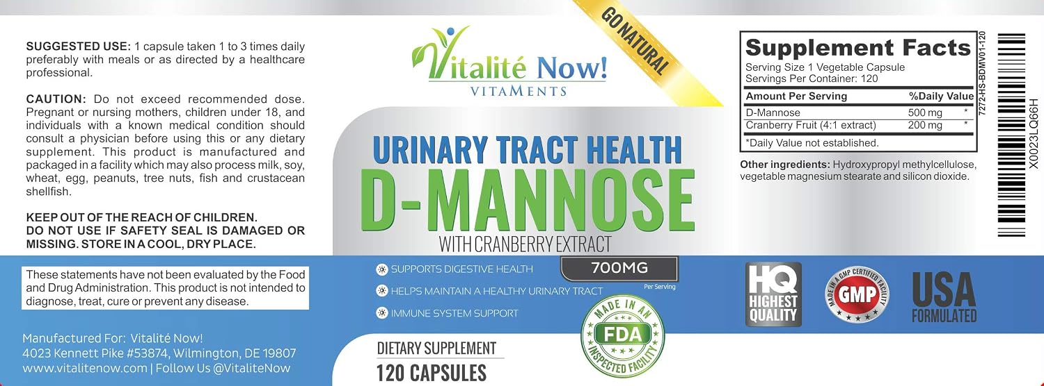 High Strength Pure D-Mannose with Cranberry Extract for UTIs | Natural Urinary Tract Infections - Digestive Health - Immune System Support - 700mg