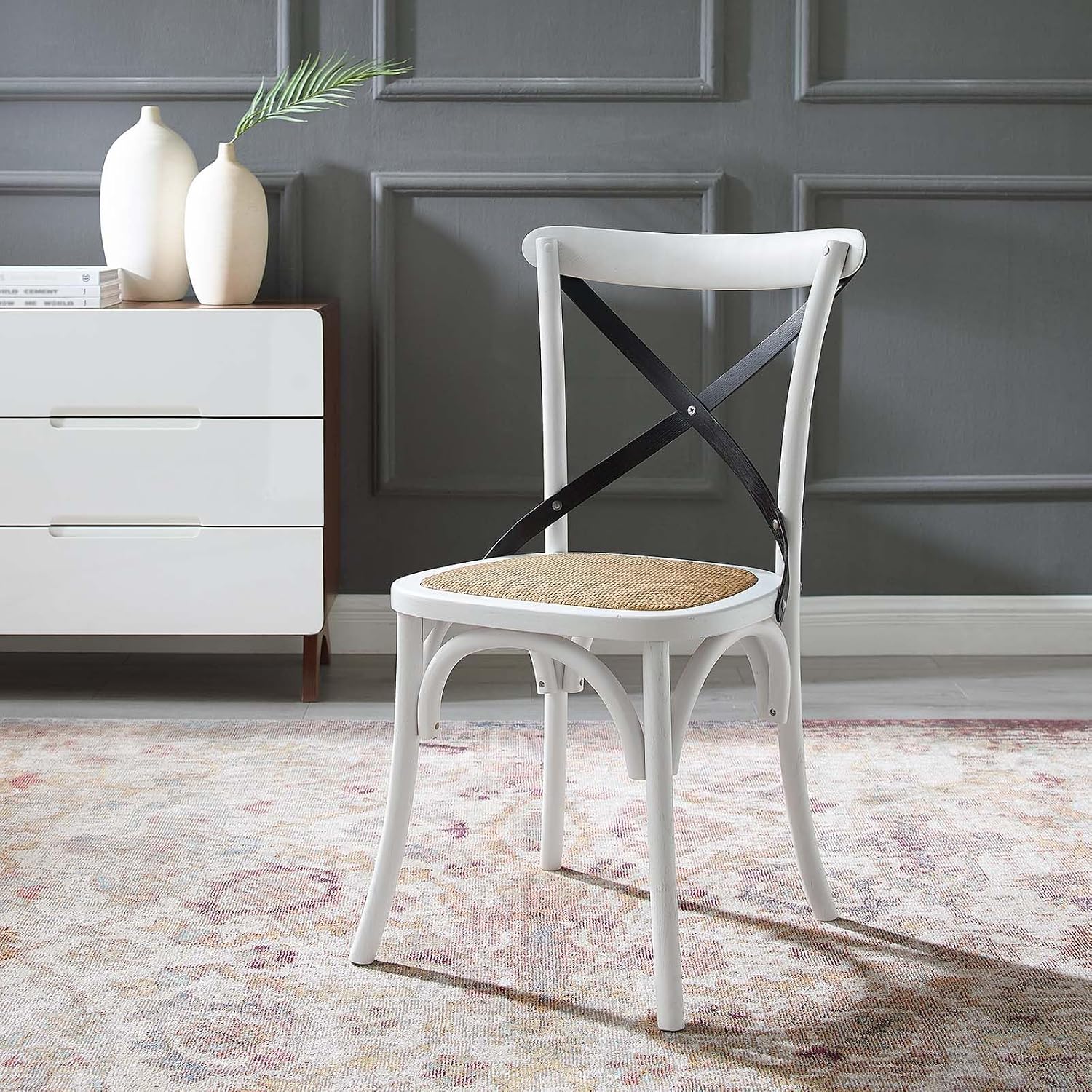 Modway Gear Rustic Modern Farmhouse Elm Wood Rattan Dining Chair in Gray