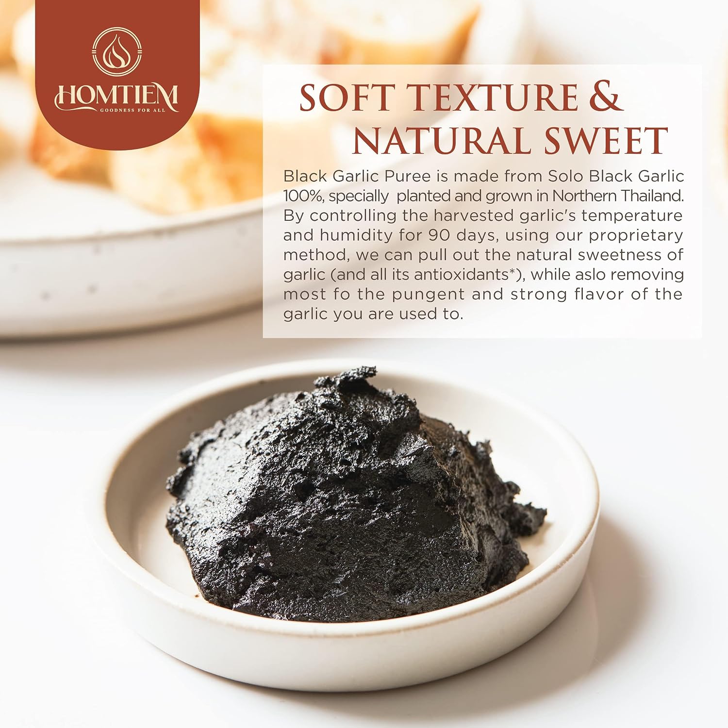Homtiem Black Garlic Puree 150g. (Made from Solo Black Garlic 100%), Whole Black Garlic Fermented for 90 Days, Non-GMOs, High in Antioxidants
