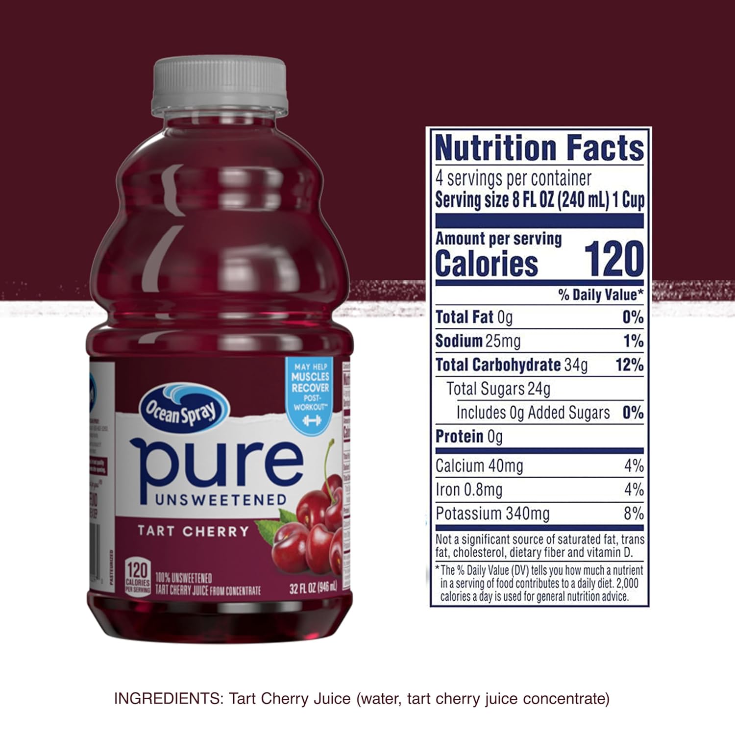 Ocean Spray® Pure Unsweetened Tart Cherry, 100% Tart Cherry Juice, 32 Fl Oz Bottle