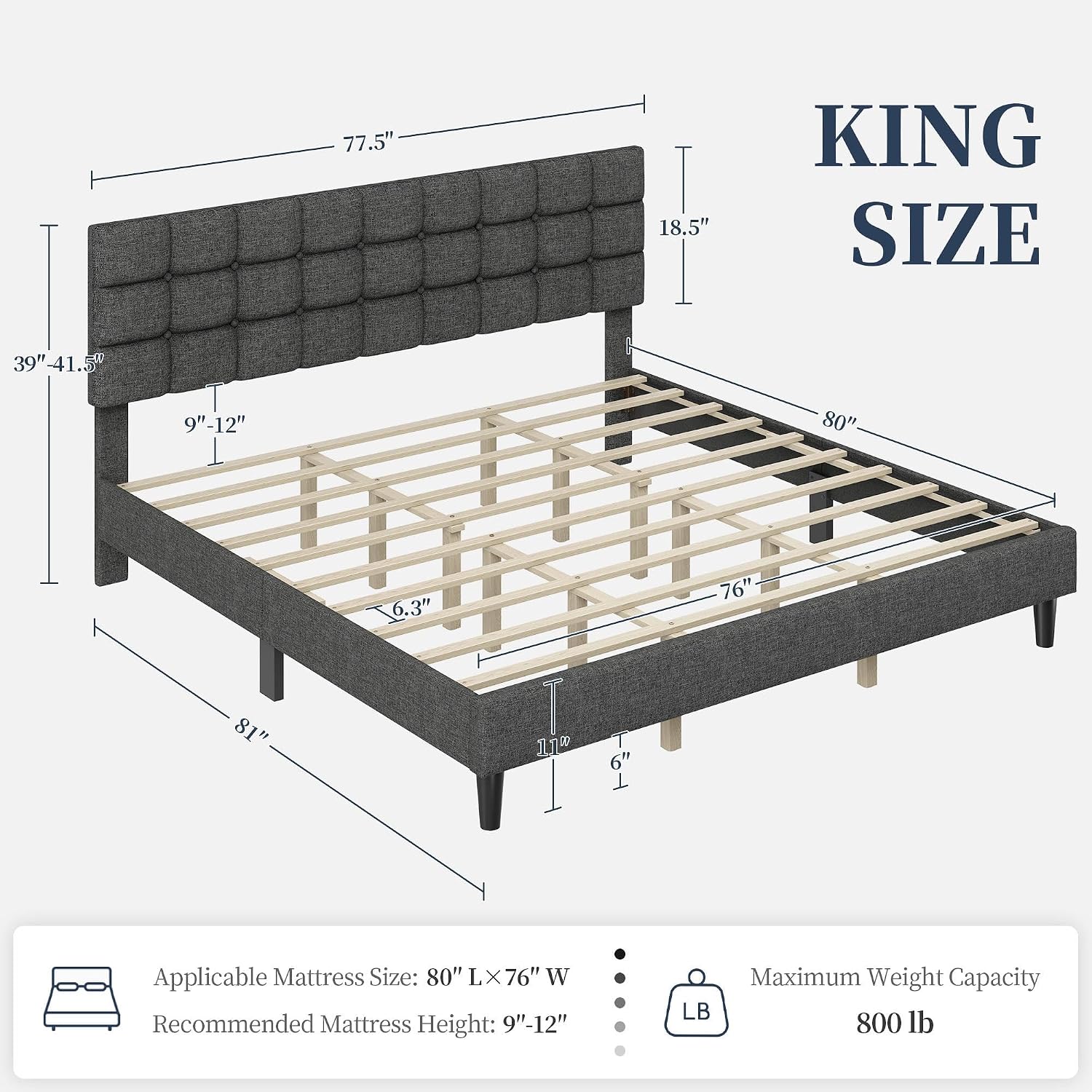 Yaheetech Full Size Upholstered Tufted Bed Frame with Headboard, Dark Gray | Sturdy engineered wood frame with linen fabric upholstery features a soft tufted headboard for easy assembly and support