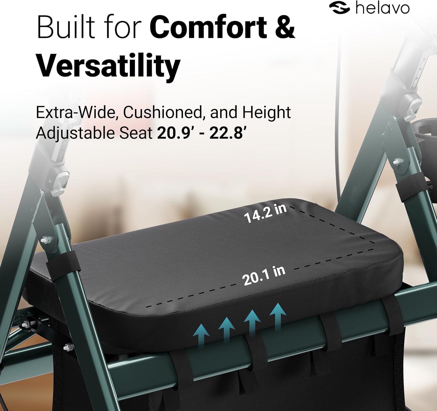 Helavo 28.3" Extra Wide Bariatric Upright Walker, 500 lbs Capacity | All Terrain Tall Standing Rollator, Padded Armrests, Height Adjustable