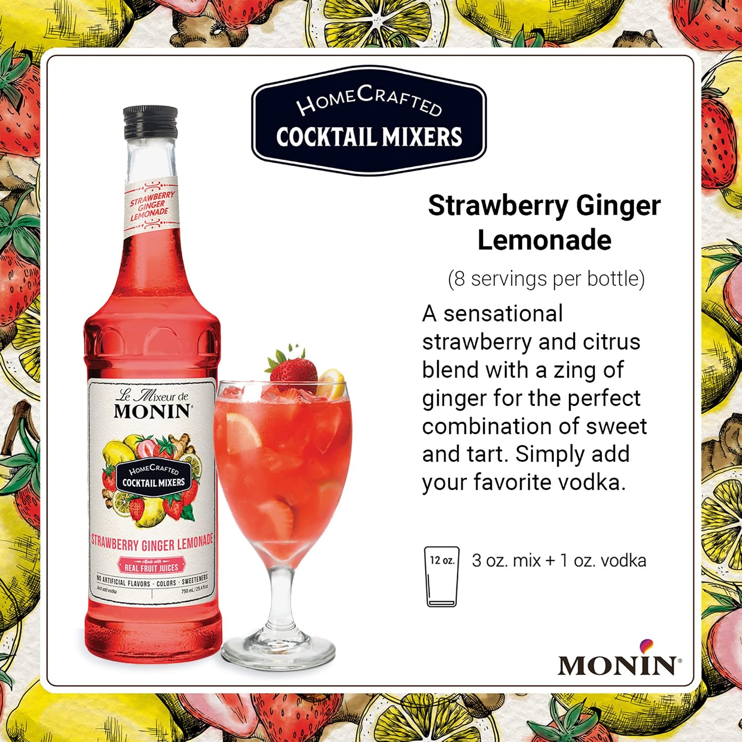Monin - HomeCrafted Dragon Fruit Cosmo Cocktail Mix, Ready-to-Use Drink Mixer, Strawberry & Pear Blend, Made with Natural Flavors & Real Fruit Juice
