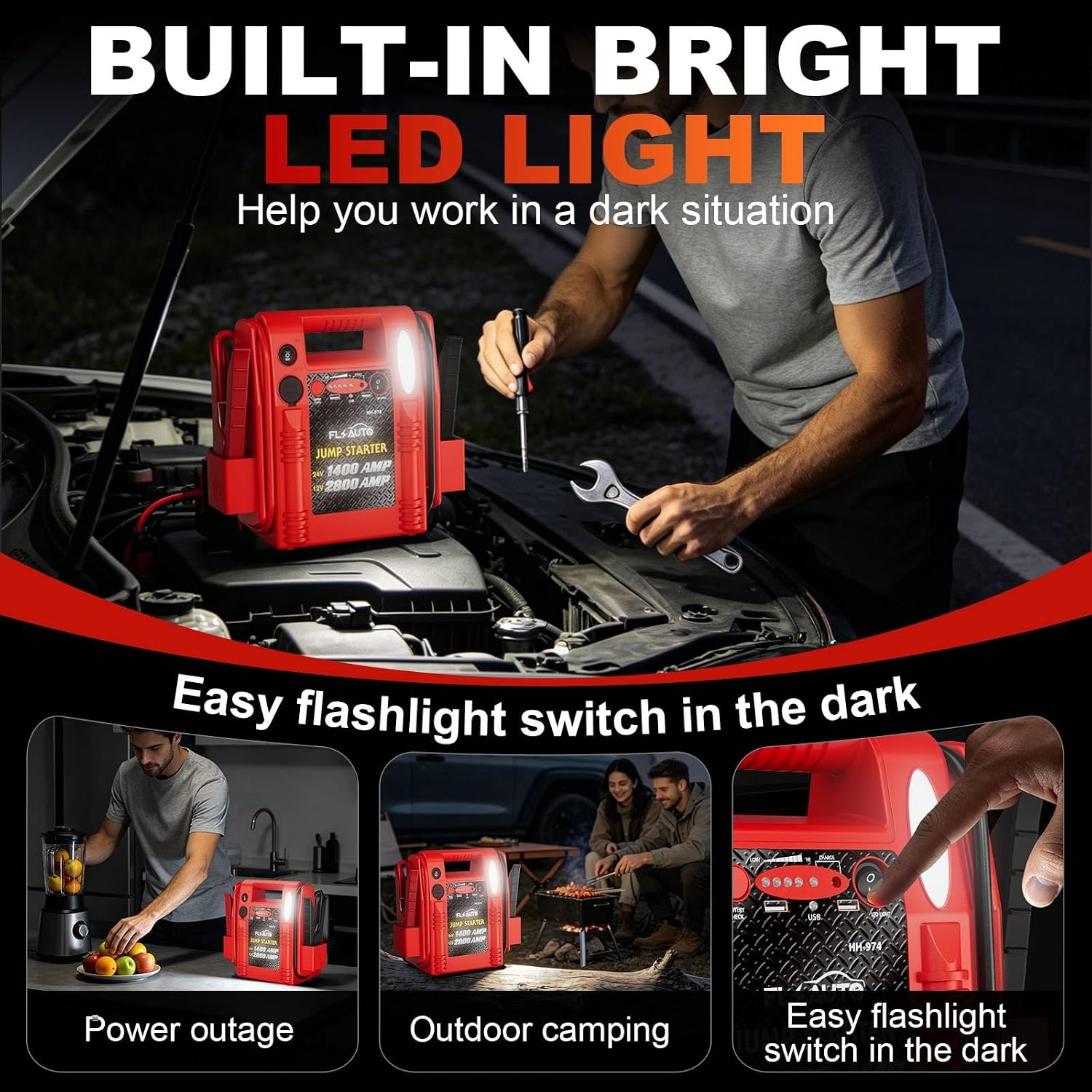 2800A/1400A Heavy Duty 12V/24V Car Jump Starter & Battery Booster – Jumper Pack, Lead-Acid Emergency Power for Cars, Trucks, SUVs, Boats