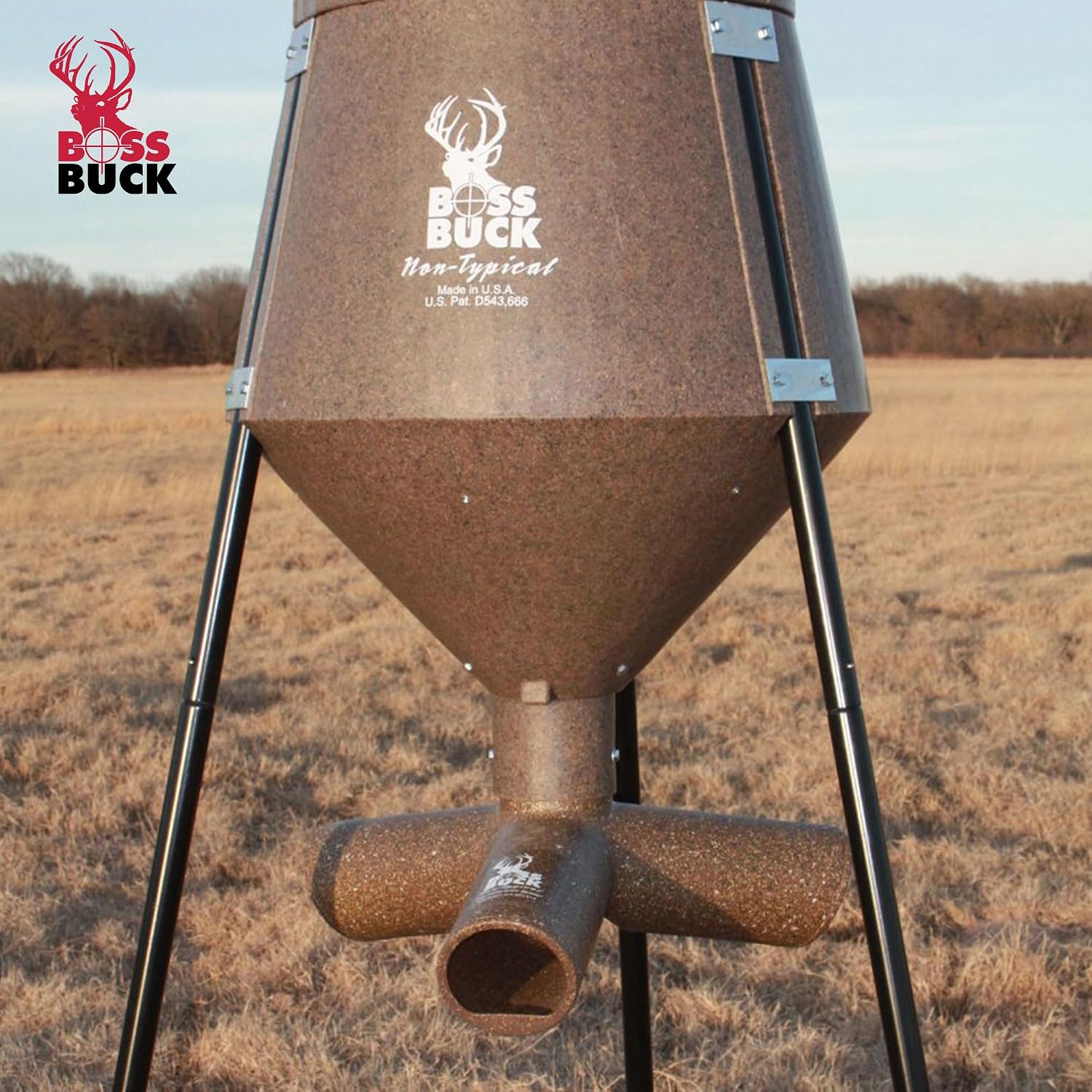 BOSS BUCK 350 LB Deer Feeder/Hunting Durable Lightweight Plastic UV Protected Windproof Waterproof Gravity Feed with Protein 3 Feed Tubes Head, Multi-Piece Round Legs | Protein 3 feed tubes head, Multi-Piece round legs