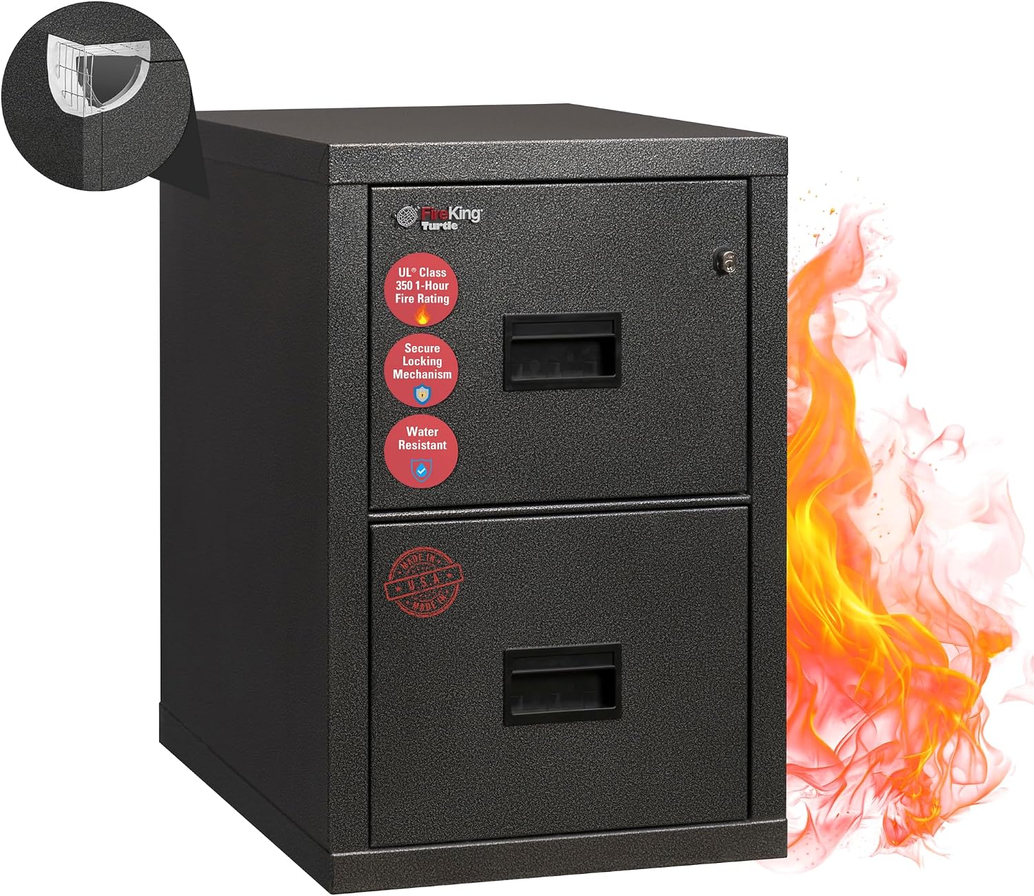 FireKing Turtle Vertical 2 Drawer Fire Rated File Cabinet, Black | 1 Hour Fire Rated Filing Cabinet - UL Class 350 - Water Resistant - Key Lock - Made in USA