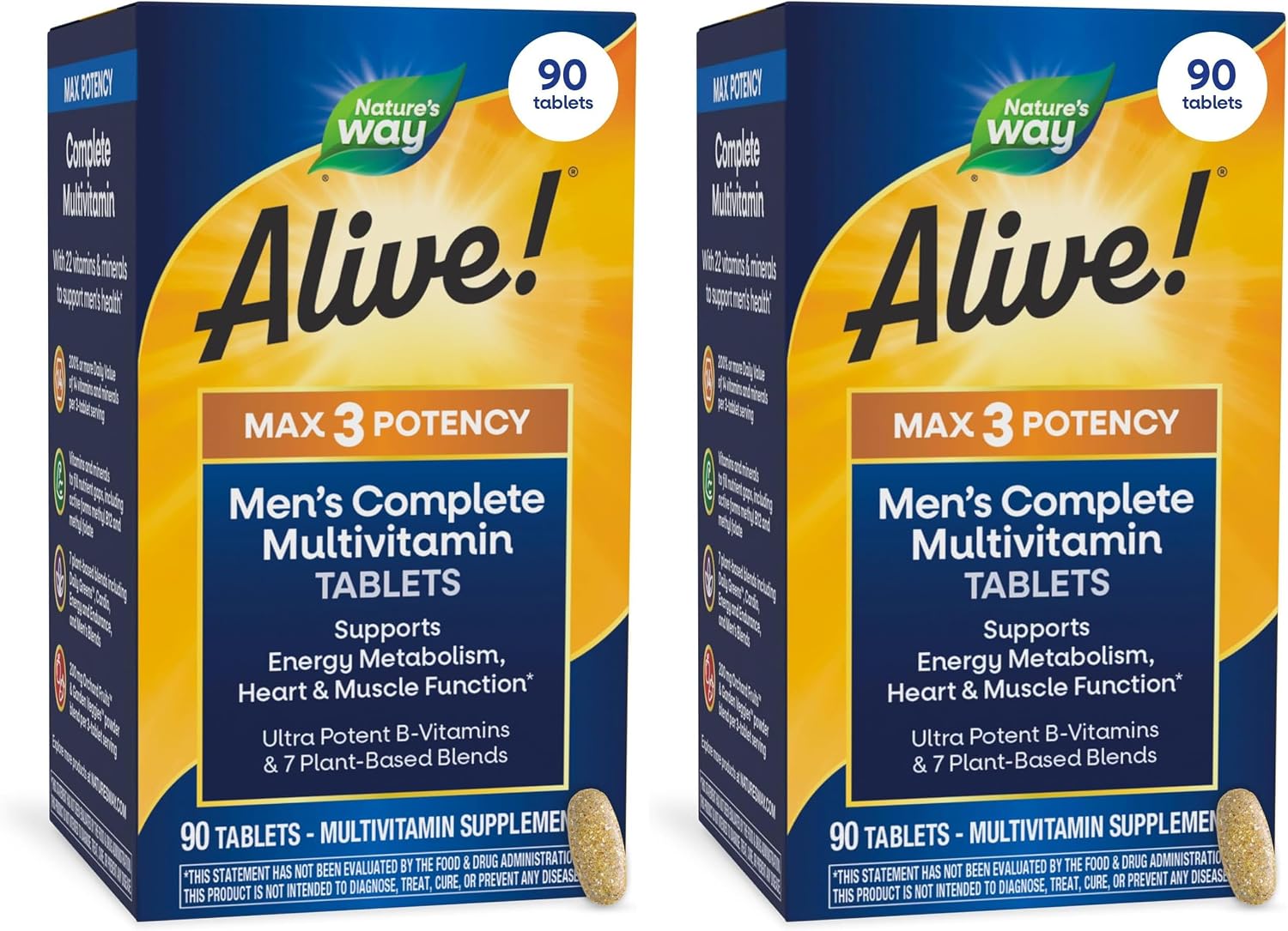 Nature's Way Alive! Men’s Max3 Potency Daily Multivitamin, 90 Tablets | High Potency Multivitamin for Men with B-Vitamins for Cellular Energy*, Supports Heart, Muscle and Eye Health*