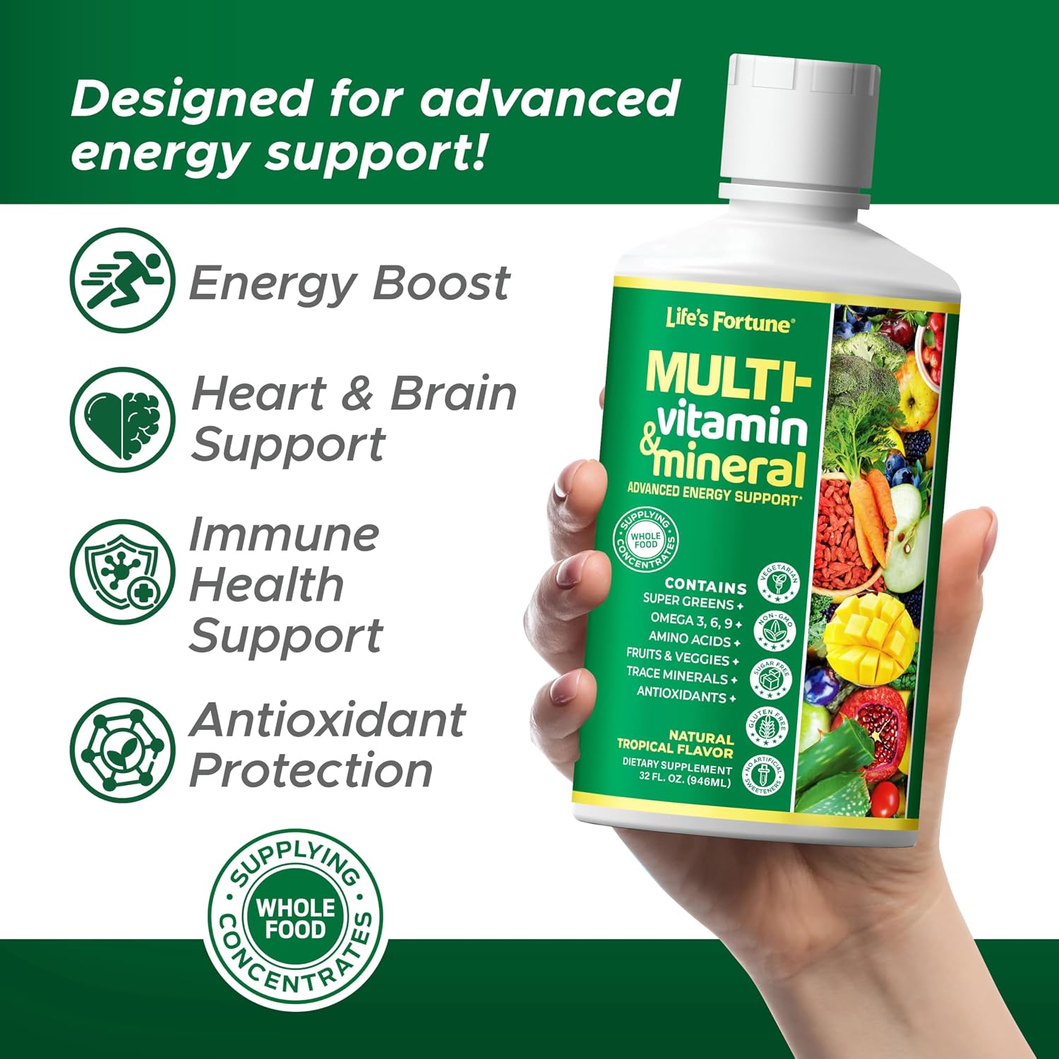 Life’s Fortune Liquid Multivitamin for Adults and Seniors – Fast Absorption Vitamins and Minerals with 90+ Nutrients for Energy and Immune Support – Easy to Digest, Sugar Free, Tropical Flavor, 32 oz