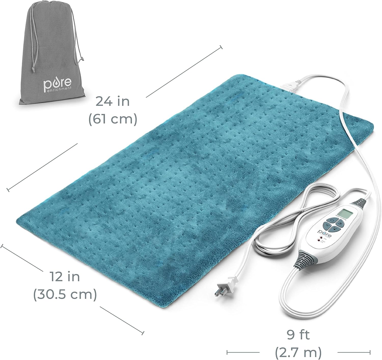 Pure Enrichment® PureRelief® XL Heating Pad - 12" x 24" Electric Heating Pad for Back Pain & Cramps, 6 Heat Settings, Soft Machine Wash Fabric, Auto-Off & Moist Heat (Charcoal Gray)