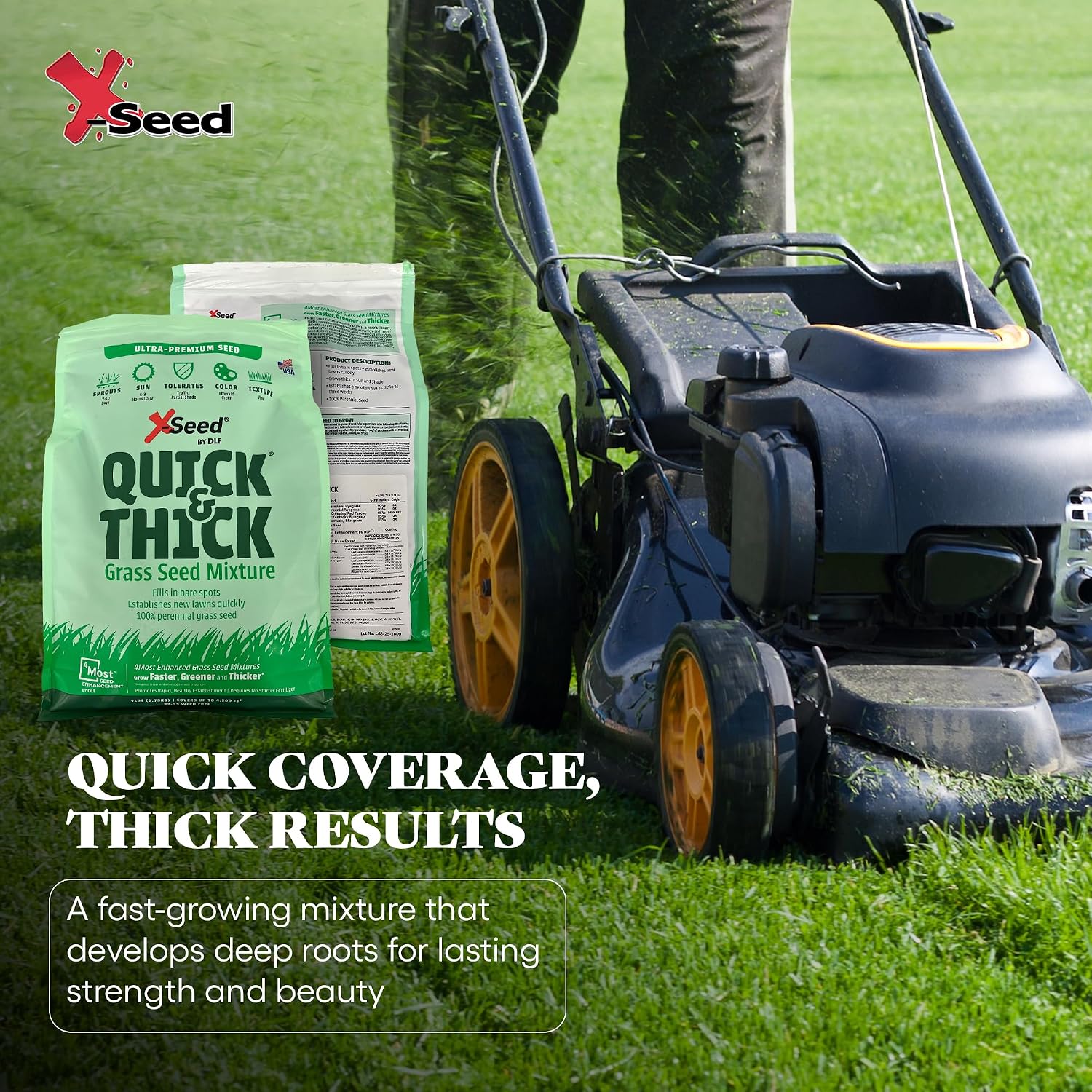 X-Seed Ultra Premium Quick and Thick Lawn Seed Mixture – Rapid Germination for Any Lawn, Dense Coverage in Sun to Shade, High-Traffic Areas, Fescue, Kentucky Blue, & Perennial Ryegrass Blend, 3lb Bag