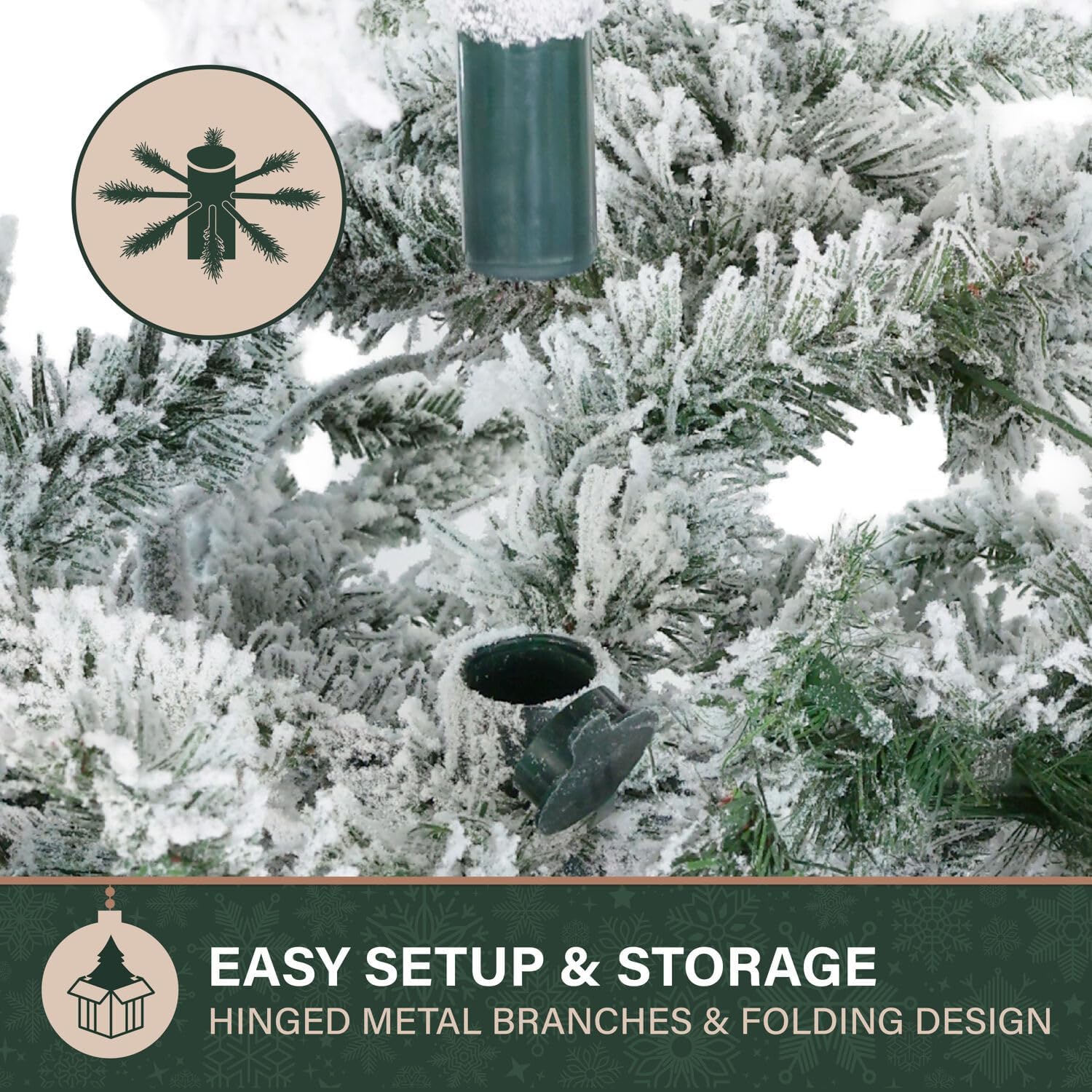 Fraser Hill Farm 7.5-Ft. Mountain Pine Flocked Artificial Christmas Tree with Stand, Unlit Foldable Fake Tree with Realistic Snowy Foliage for Home Decoration