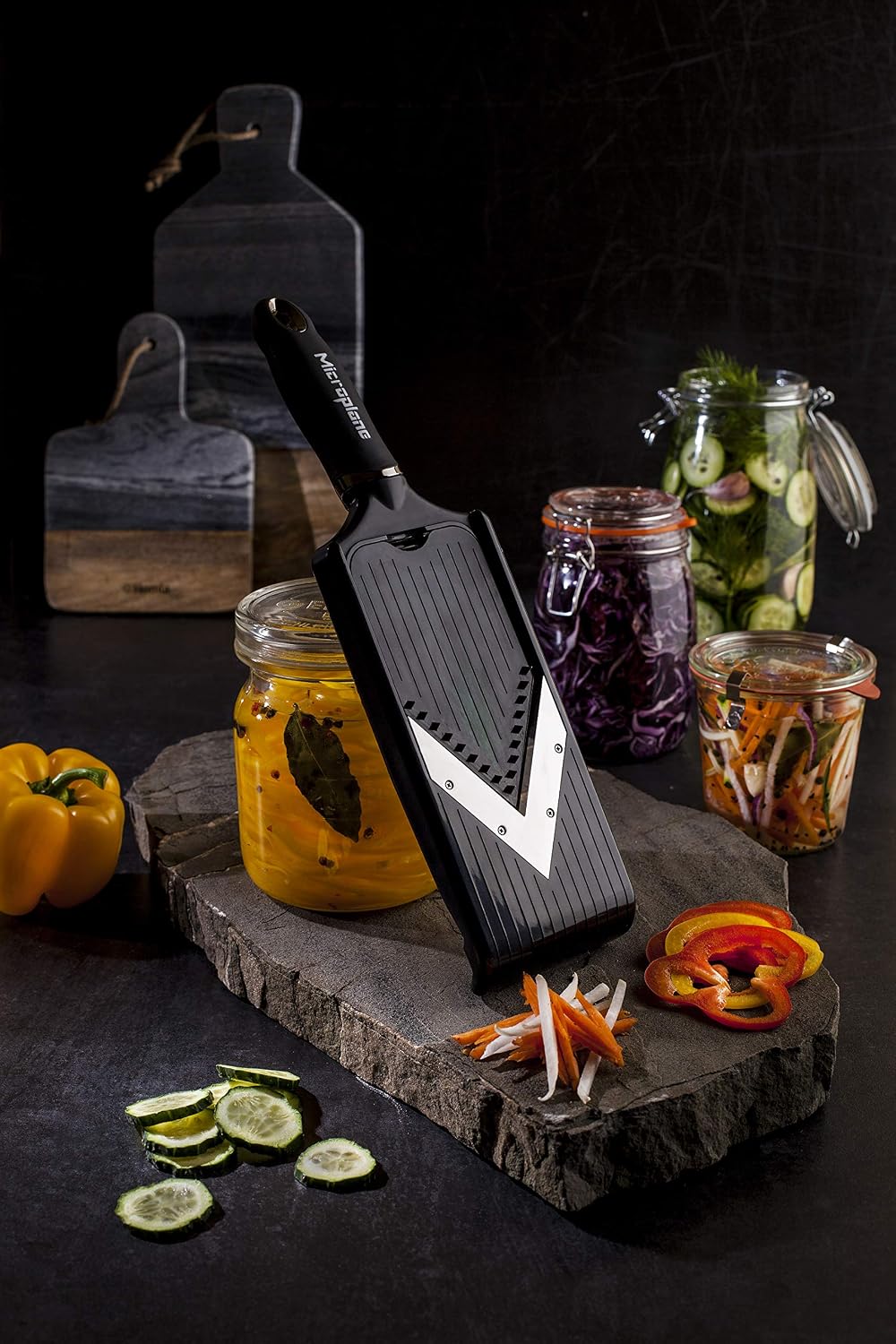 Microplane Adjustable Mandoline Slicer with V-Blade and Julienne Stainless Steel Blades, Handheld Mandoline for Potatoes, Carrots and Other Vegetables