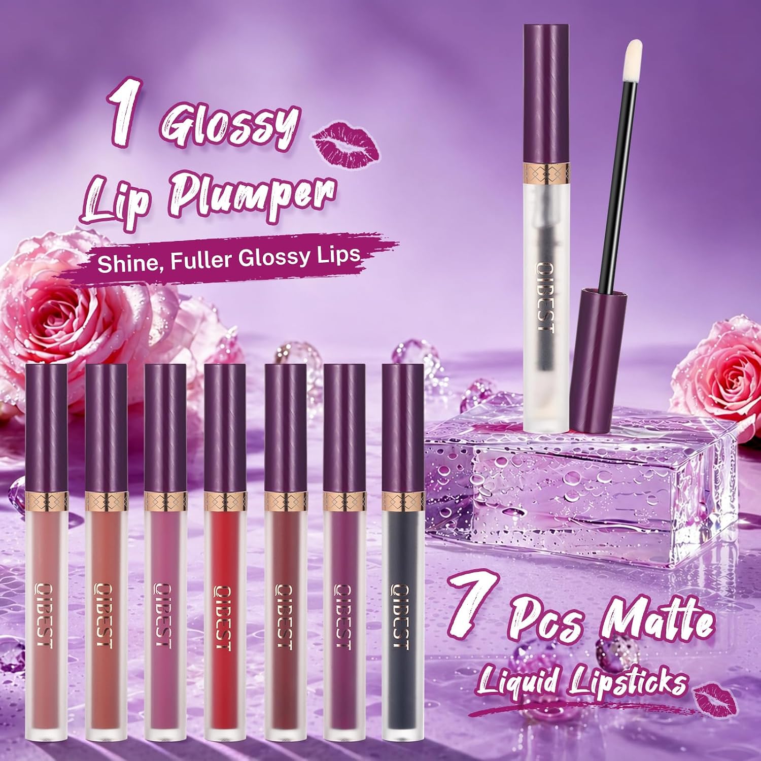 QiBest 7Pcs Matte Liquid Lipstick + 1Pcs Lip Plumper Makeup Set Kit, Pigmented Long Lasting Lip Gloss Set