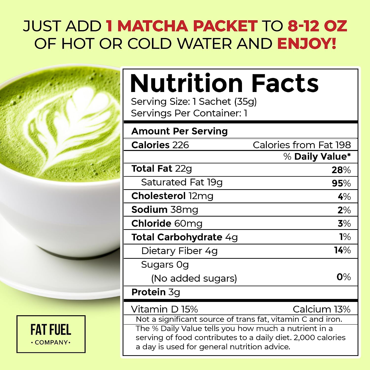 FAT FUEL Keto Matcha 22g Premium Fats - With Grass Fed Butter, MCT Oil, Coconut & Redmond Real Salt - Instant Organic Matcha, Zero Net Carb