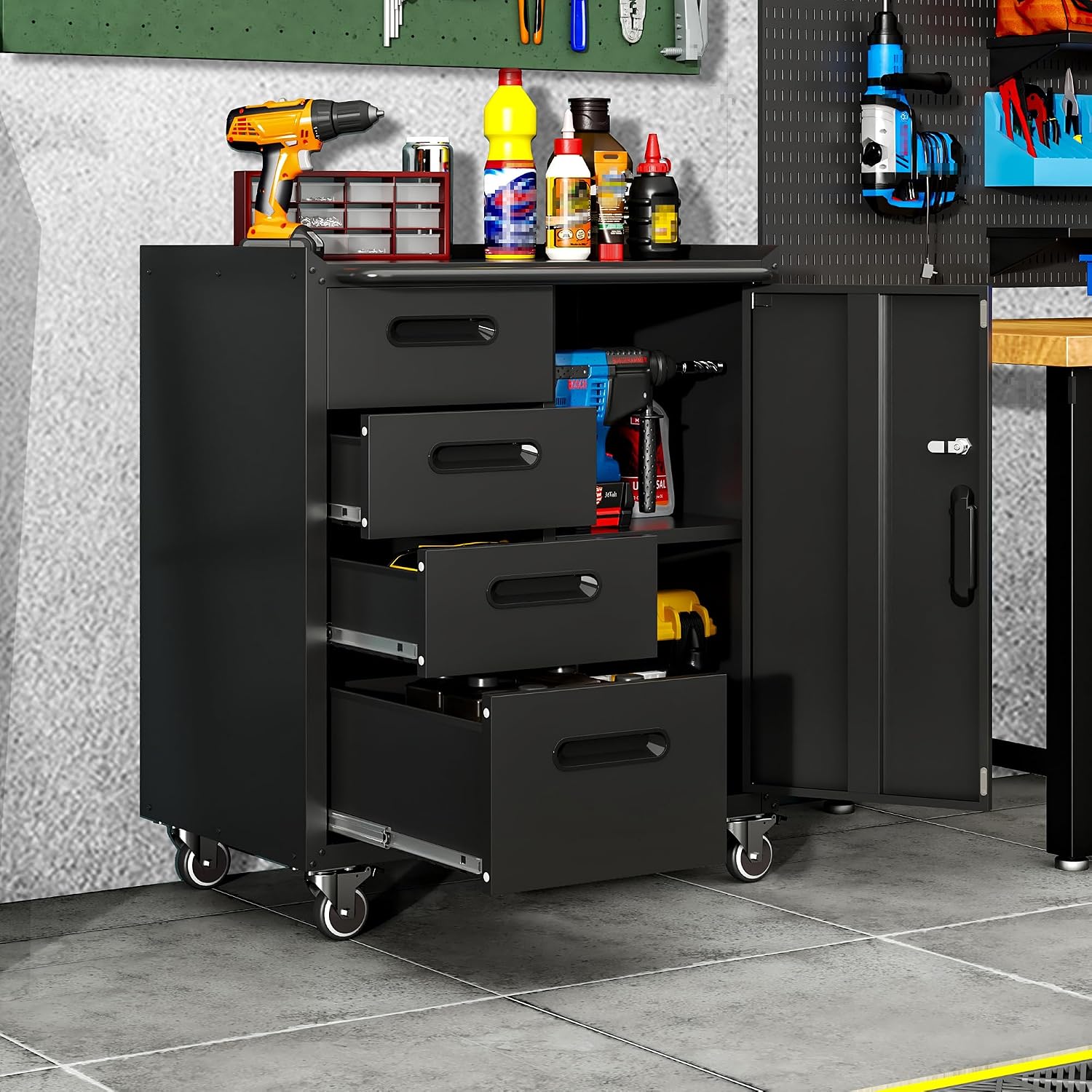 Garage Cabinets,Metal Garage Storage Cabinet with Wheels,Black Lockable Rolling Tool Cabinet with Drawer and Adjustable Shelves,Heavy Duty Tool Chest for Home Office Utility Room
