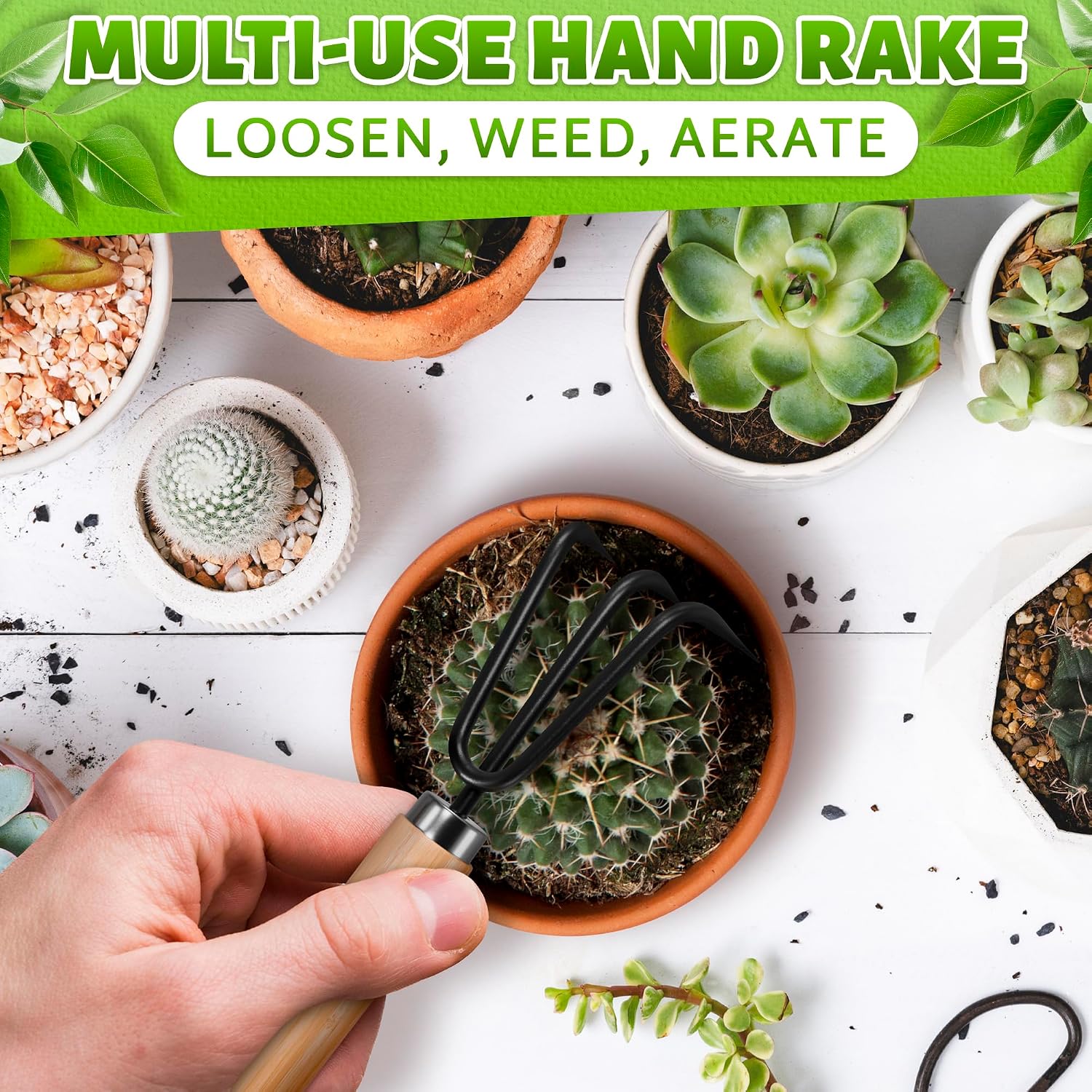 3 Pcs Mini Garden Tools, Shovel, Rake, Wooden Handles, Steel Heads | Small Gardening Tools Set, Tiny Trowel for Transplanting, Repotting and Planting, for Indoor Plants, Succulents and Bonsai