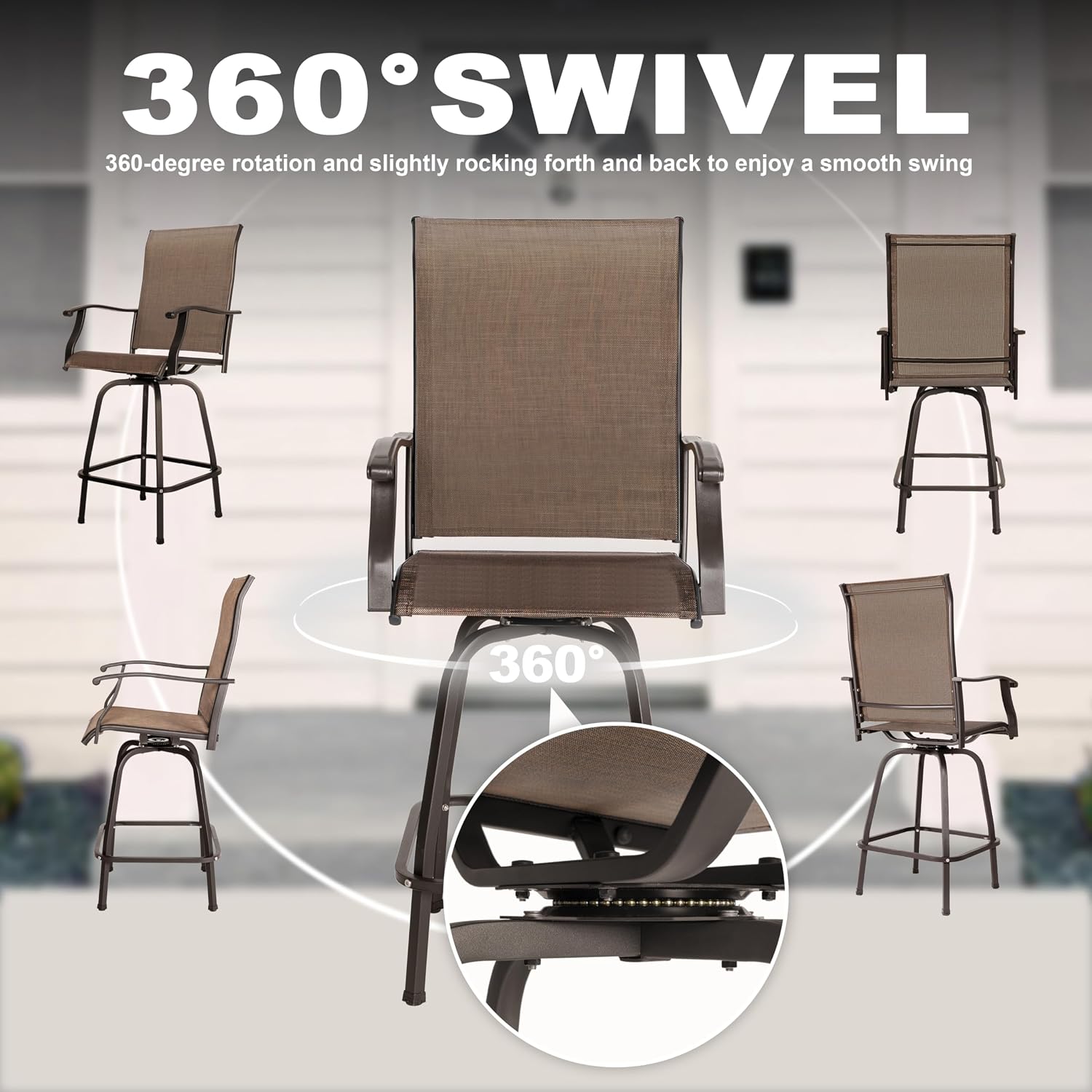 NUU GARDEN 3 Piece Patio Bar Set, All Weather Mental Textilene High Stools Set Outdoor Swivel Bar Chair Set of 2 and High Silk Screen Glass Bar Table
