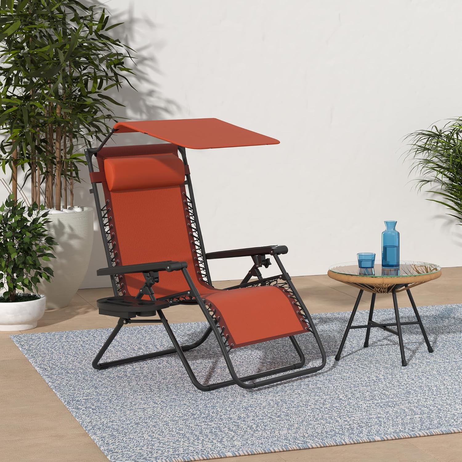 Best Choice Products Folding Zero Gravity Outdoor Recliner Patio Lounge Chair w/Adjustable Canopy Shade, Headrest, Side Accessory Tray, Textilene Mesh - Beige