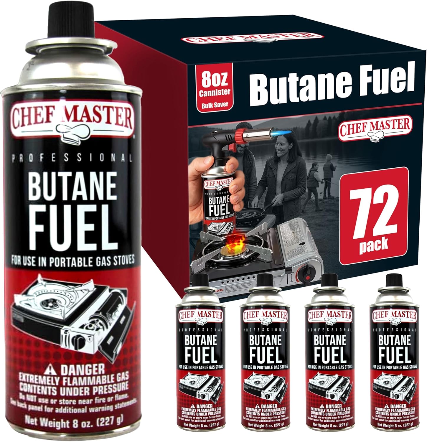 Chef Master Butane Fuel Canister, Camp Stove & Torch Refill, 8 oz, 12-Pack