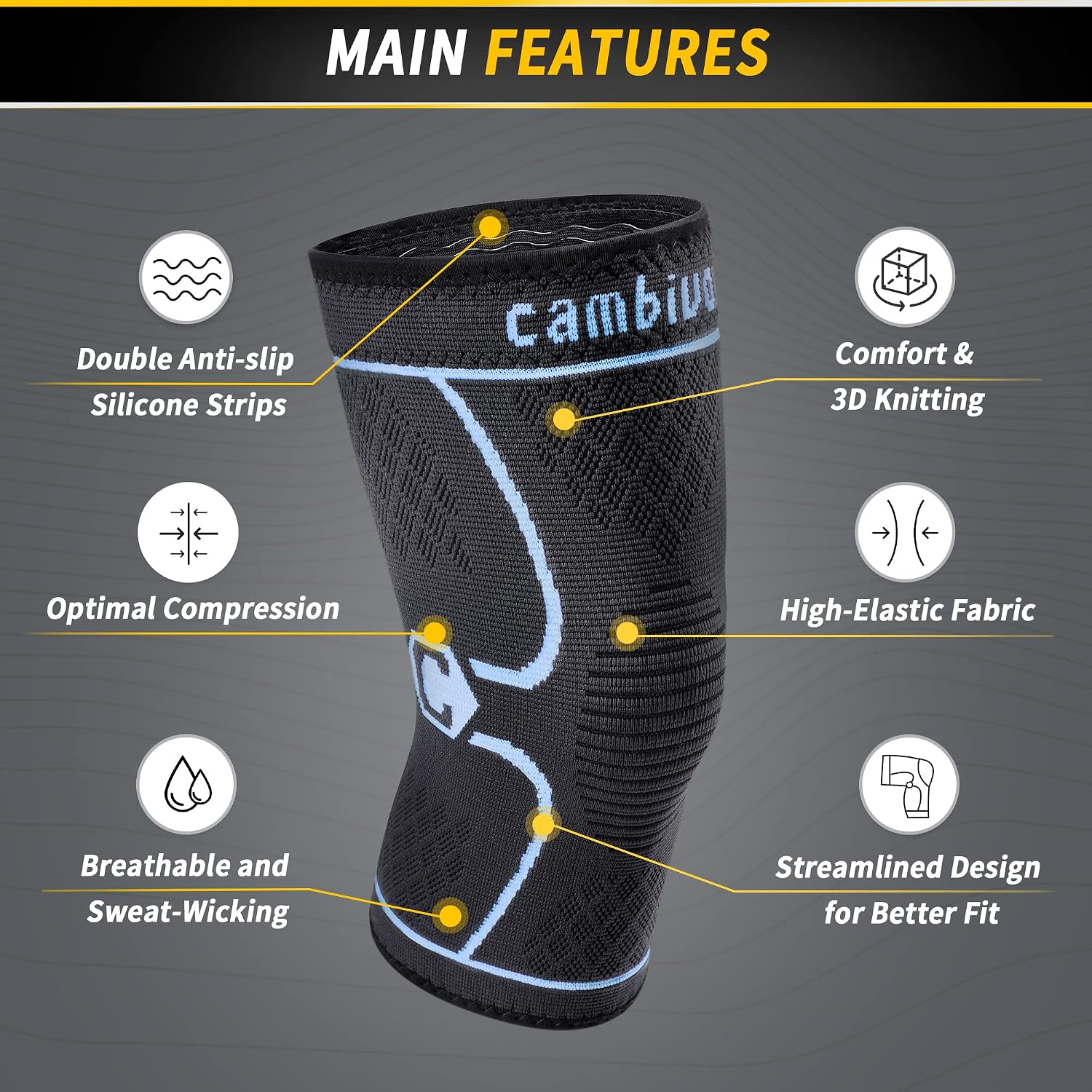 CAMBIVO 2 Pack Knee Braces for Women & Men, Knee Compression Sleeves for Knee Pain Relief, Knee Support with Non-Slip Silicone, Breathable, for Running, Workout, Weightlifting & Daily Use, Arthritis Support (Black, Medium)