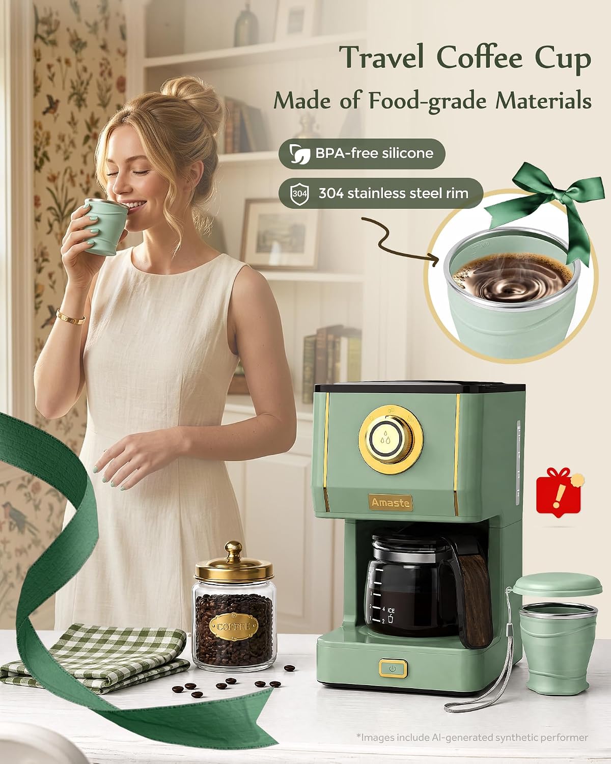 Amaste Drip Coffee Maker, Coffee Machine with 25 Oz Glass Coffee Pot, Retro Style Coffee Maker with Reusable Filter & Three Brewing Modes