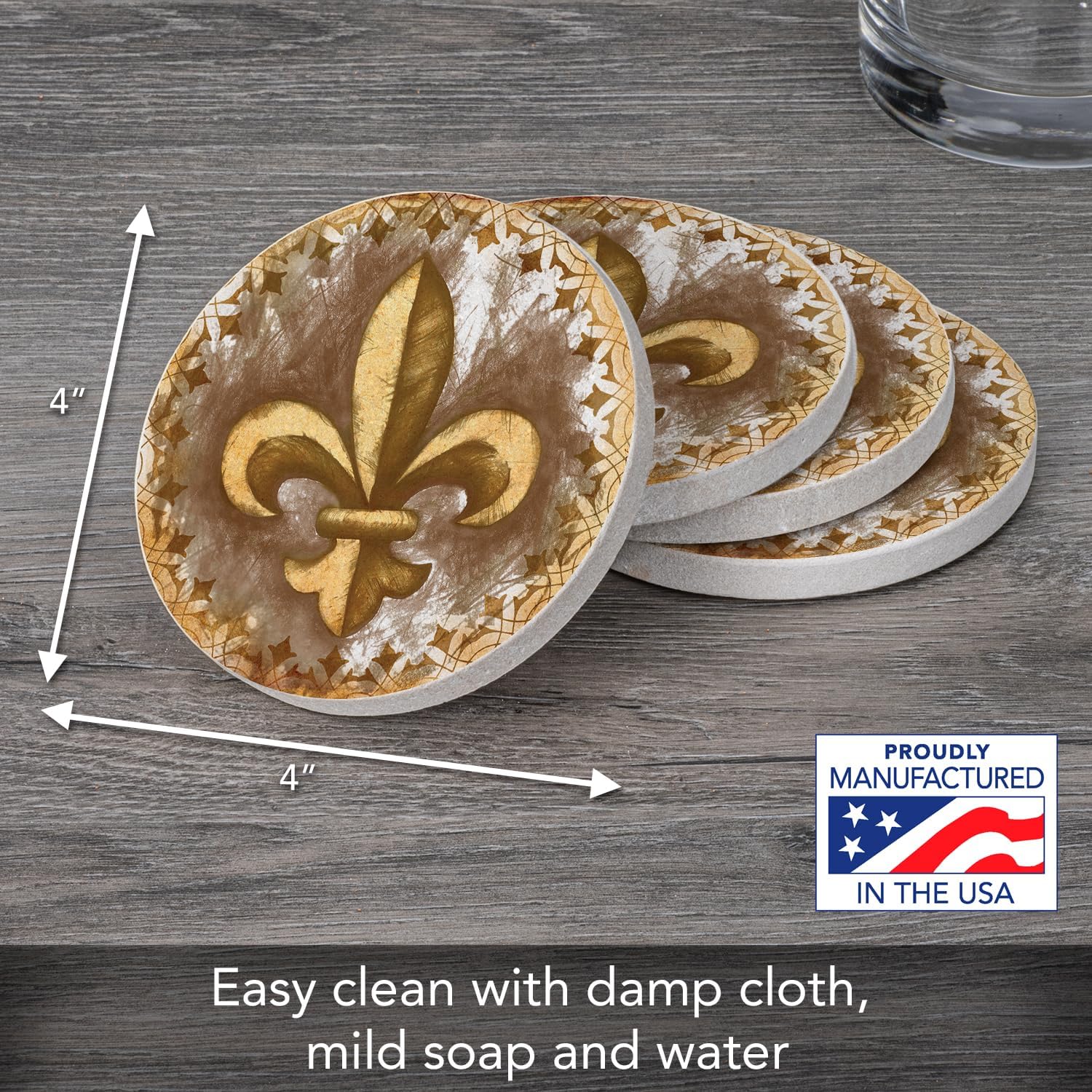 Thirstystone Absorbent Drink Coaster Set Fleur de Lis | 4" Diameter, Manufactured in the USA, Absorbent