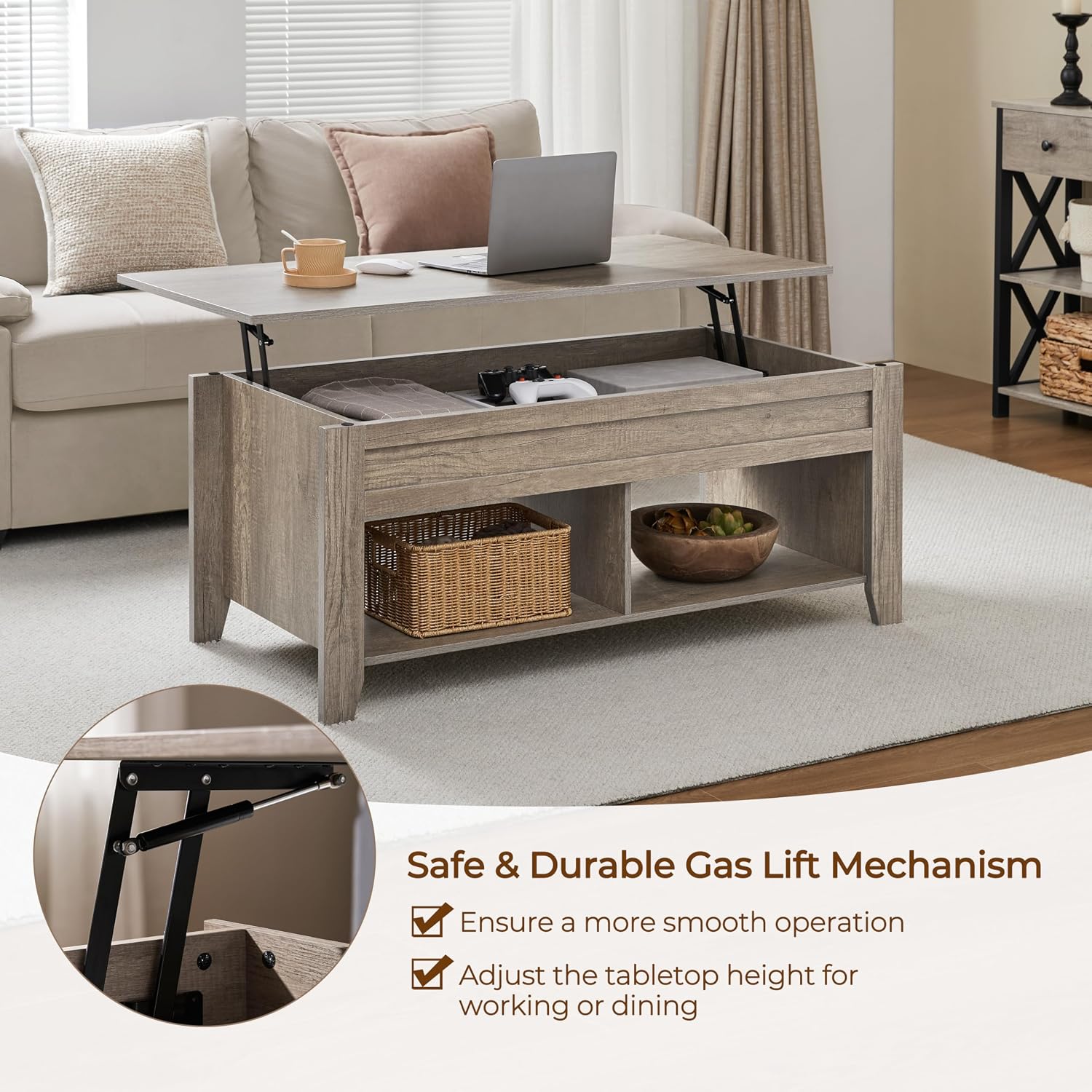 Yaheetech Lift Top Coffee Table with Hidden Storage Compartment Gray 47.5in