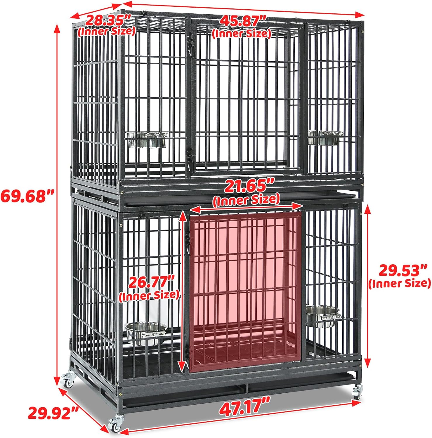 Homey Pet Taller 43" Heavy Duty Double Dog Crates with Divider & Dual Door | Drop Cage for Dogs with Lockable Wheels, Bowls, Removable Tray, Top Access, Ideal for Small to Medium & Large Dogs, Breeders
