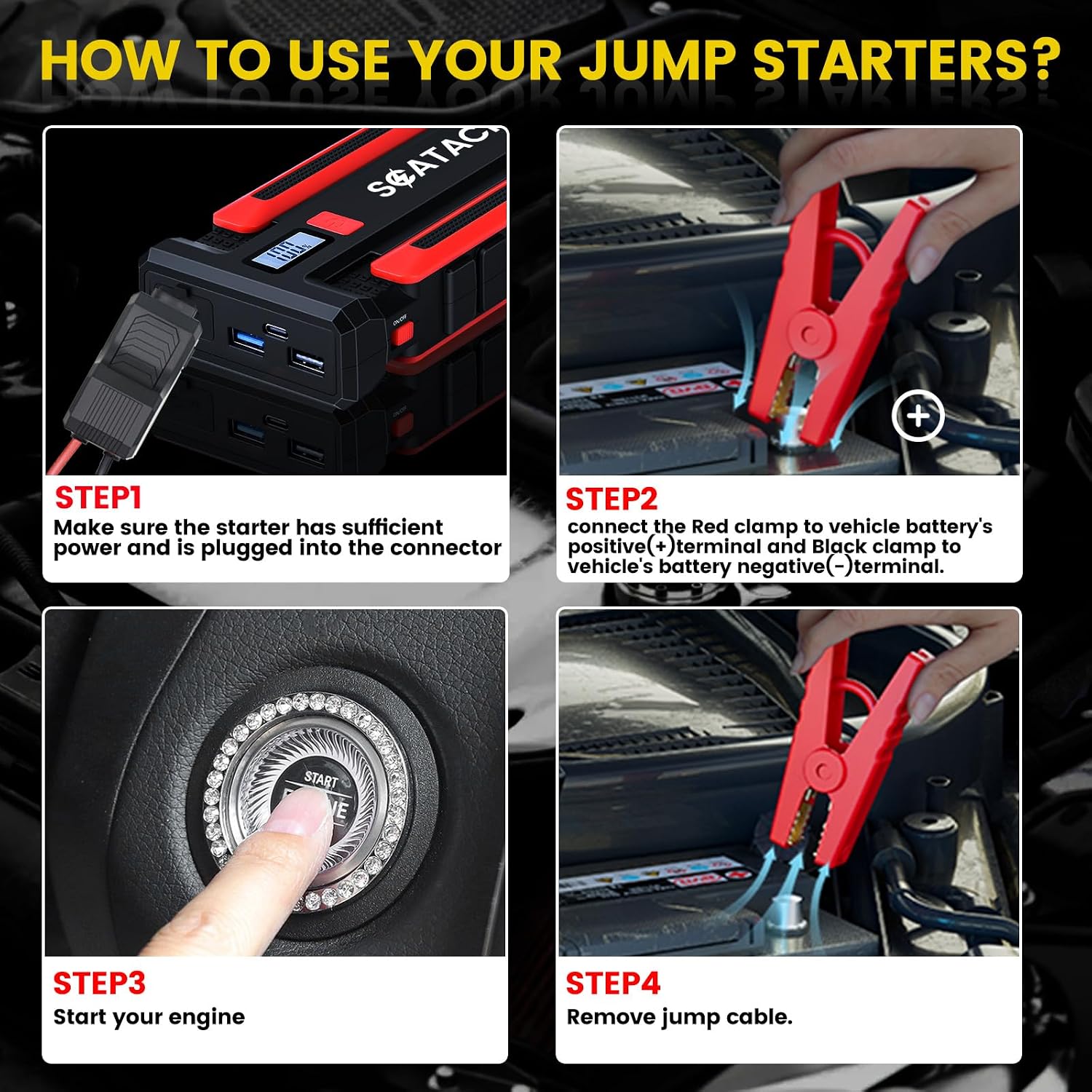 Scatach 4000A Car Battery Jump Starter, 12V Jump Starter Battery Pack (up to 10.0L Gasoline and 8.0L Diesel Engine), Portable Jump Box with Jumper Cable, LED Display, LED Light