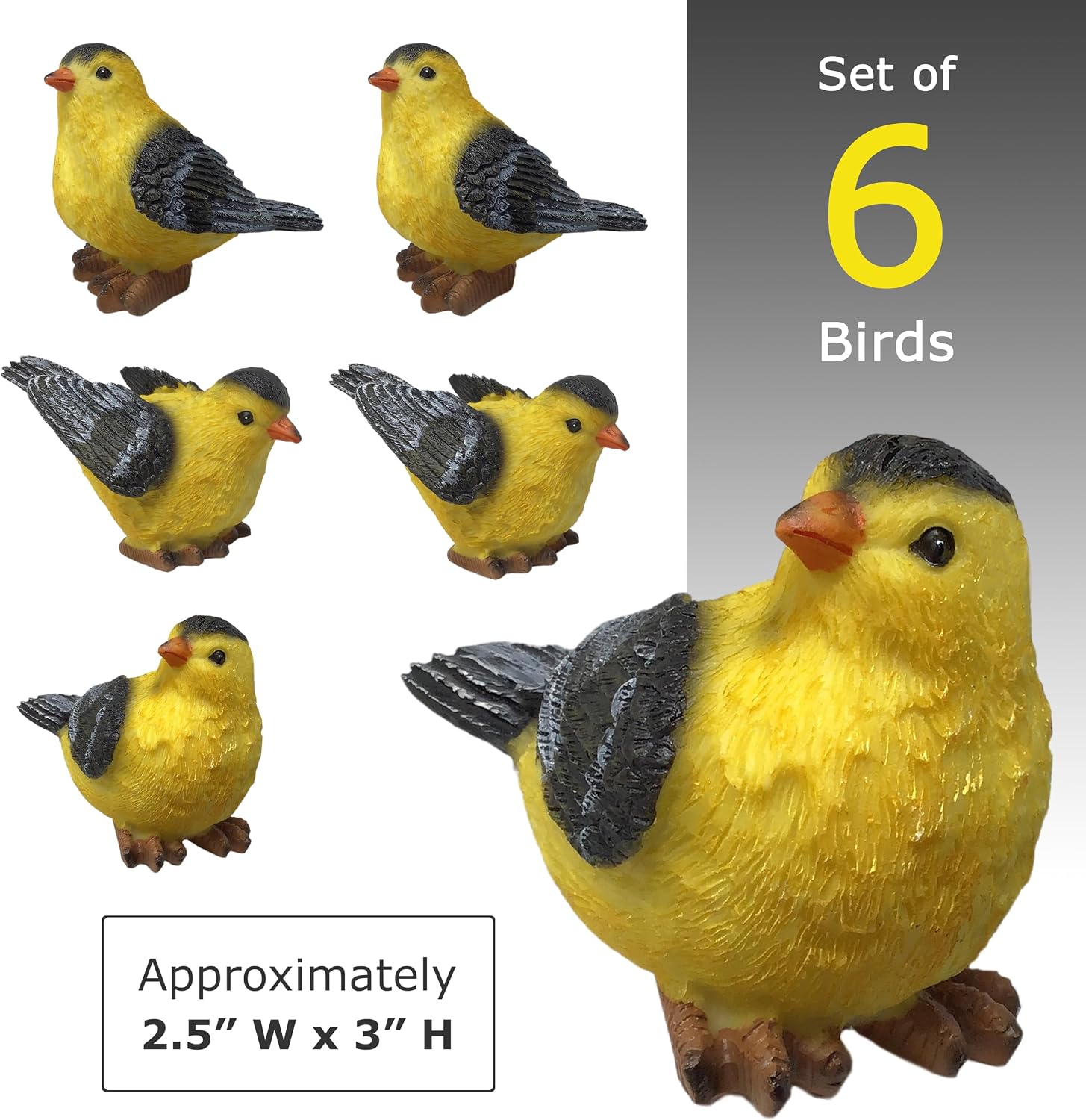 BANBERRY DESIGNS Goldfinch Bird Figurines Set of 3, Hand-Painted Polystone Birds in 3 Poses, Small Decorative Bird Statues for Home, Garden, Mantel, Shelf and Spring Decor, 3 Inch