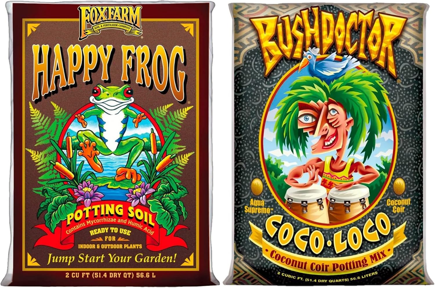 FoxFarm Happy Frog 2cu ft Potting Soil + Bush Doctor Coco Loco 2cu ft Potting Soil Bundle - for Gardening Plants and Healthy Growth