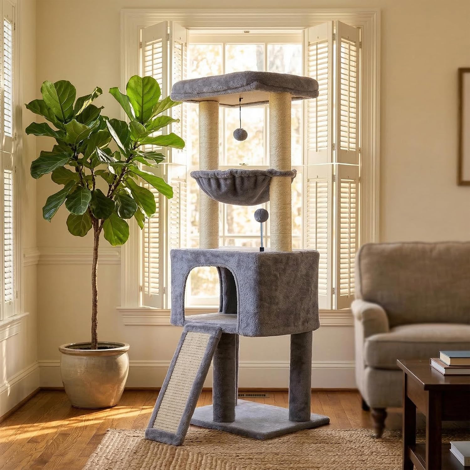 32" Cat Tree for Indoor Cats, 2-in-1 Cat House with Sisal Scratching Post & Ramp, 2-Level Cat Tower with Rotatable Feather & Ball Toys, Stable Grey Cat Condo for Small/Medium Cats, Grey