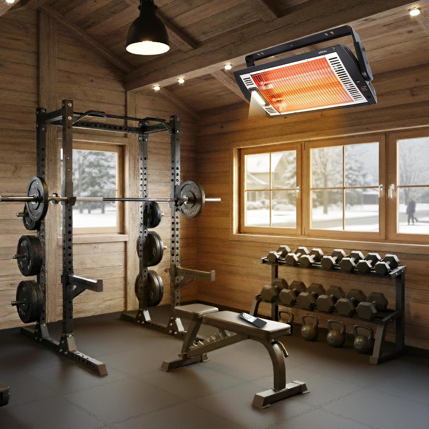 Shinic Electric Garage Heaters with Remote Control, 1500W/750W Ceiling Mounted Radiant Quartz Heater with Work Light, 90° Rotation, 5 Mode Settings